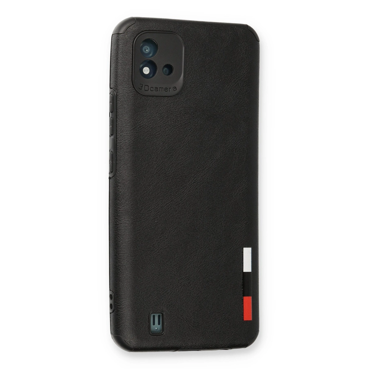 Kamera oyuntulu ve dikey şeritli siyah telefon kılıfı.