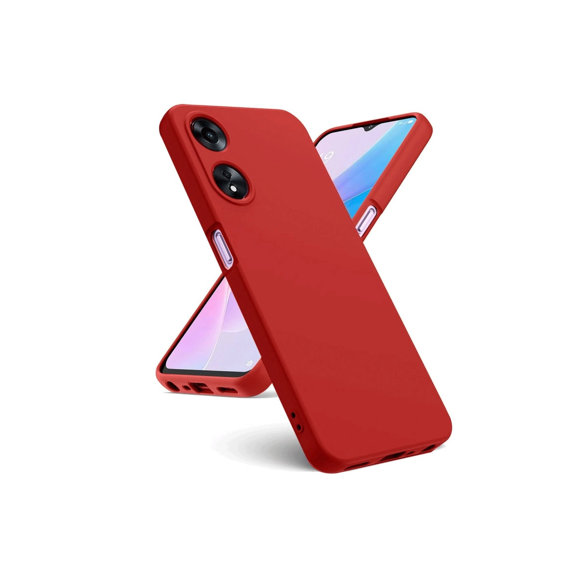 Birbirini kapatan iki kırmızı telefon kılıfı, görünür kameralı.