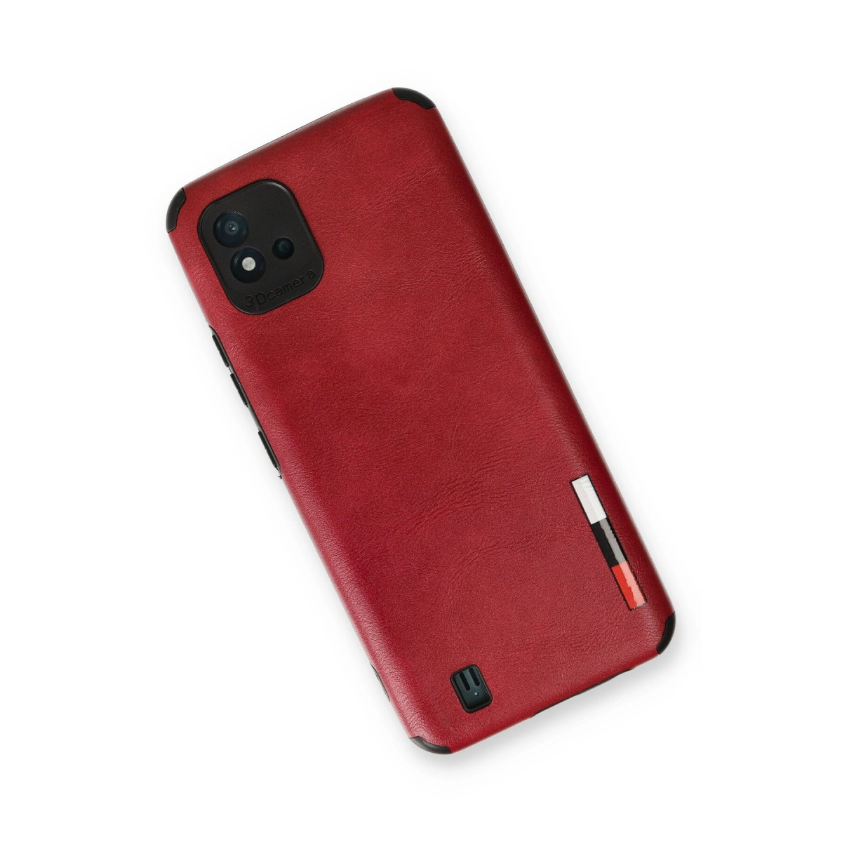 Üç kameralı kırmızı telefon kılıfı, çizgili detaylı.