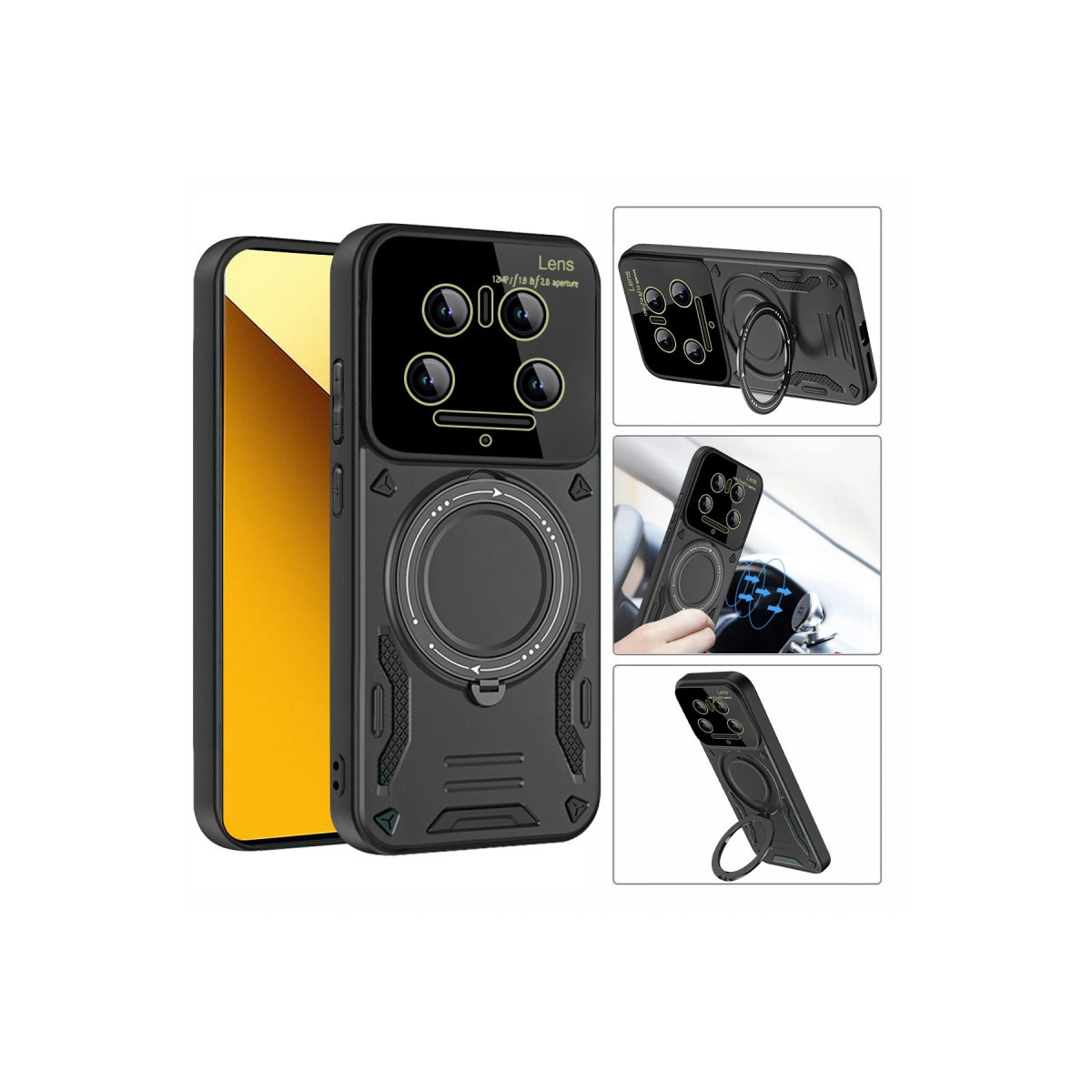 Halka tutucu ve mıknatıslı siyah telefon kılıfı, telefonun yanında.