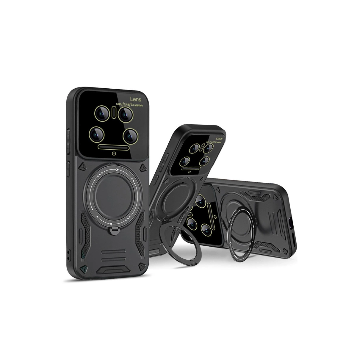 Beyaz arka plan üzerinde halka tutuculu ve lens koruyuculu üç siyah telefon kılıfı.