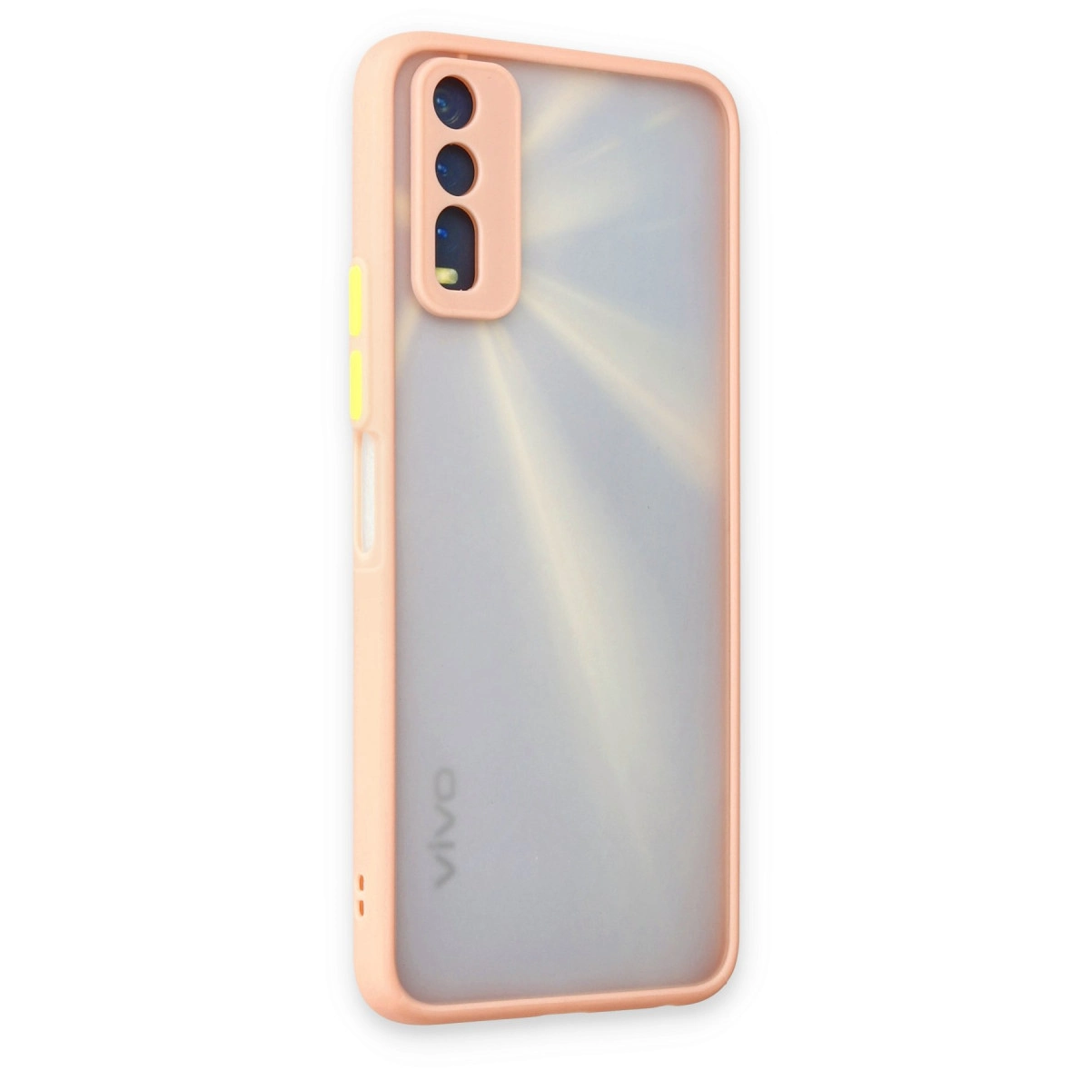 Üç kameralı ve Vivo logolu şeftali rengi telefon kılıfı.