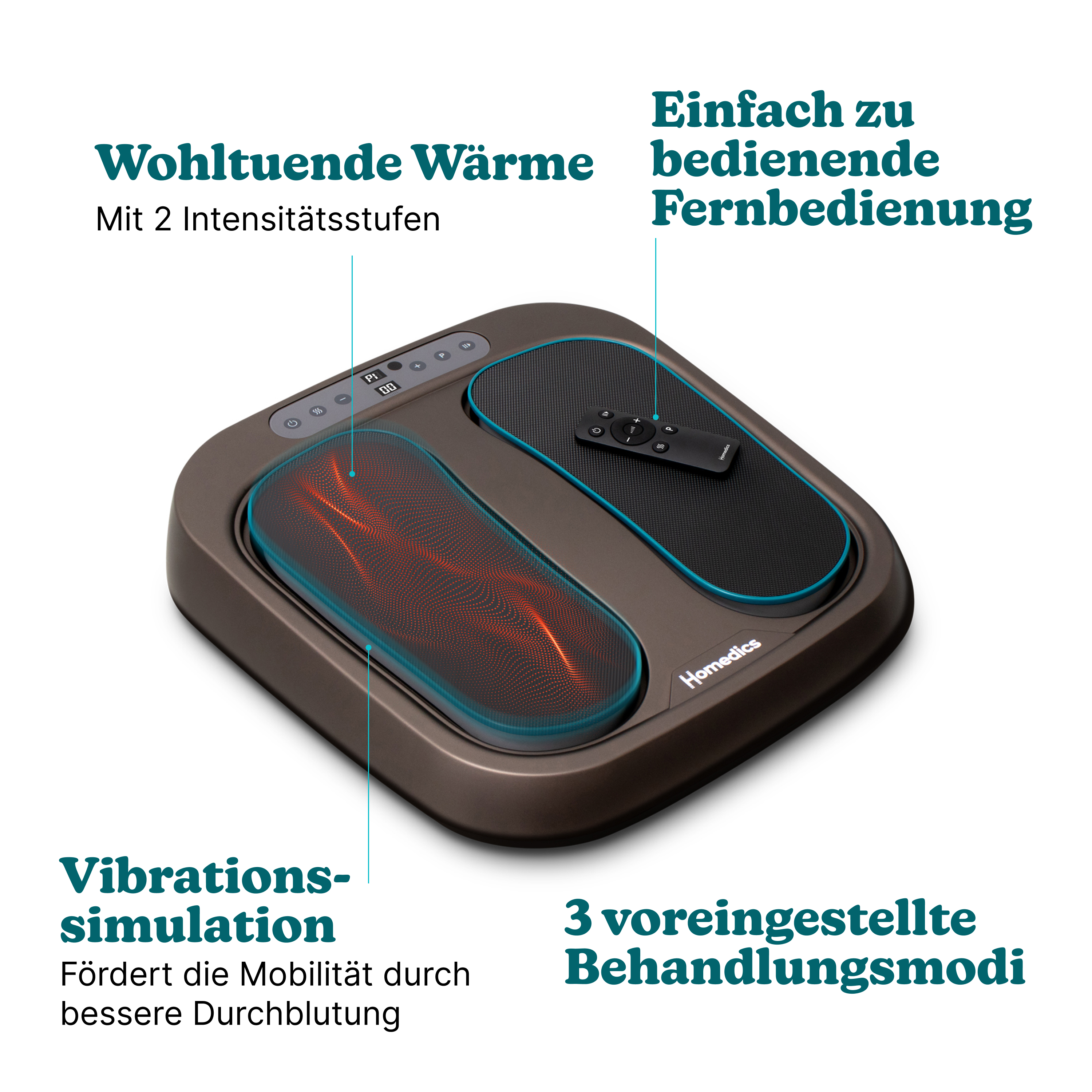 Ein brauner Fußmassagegerät mit Fernbedienung und beleuchteten Bereichen.