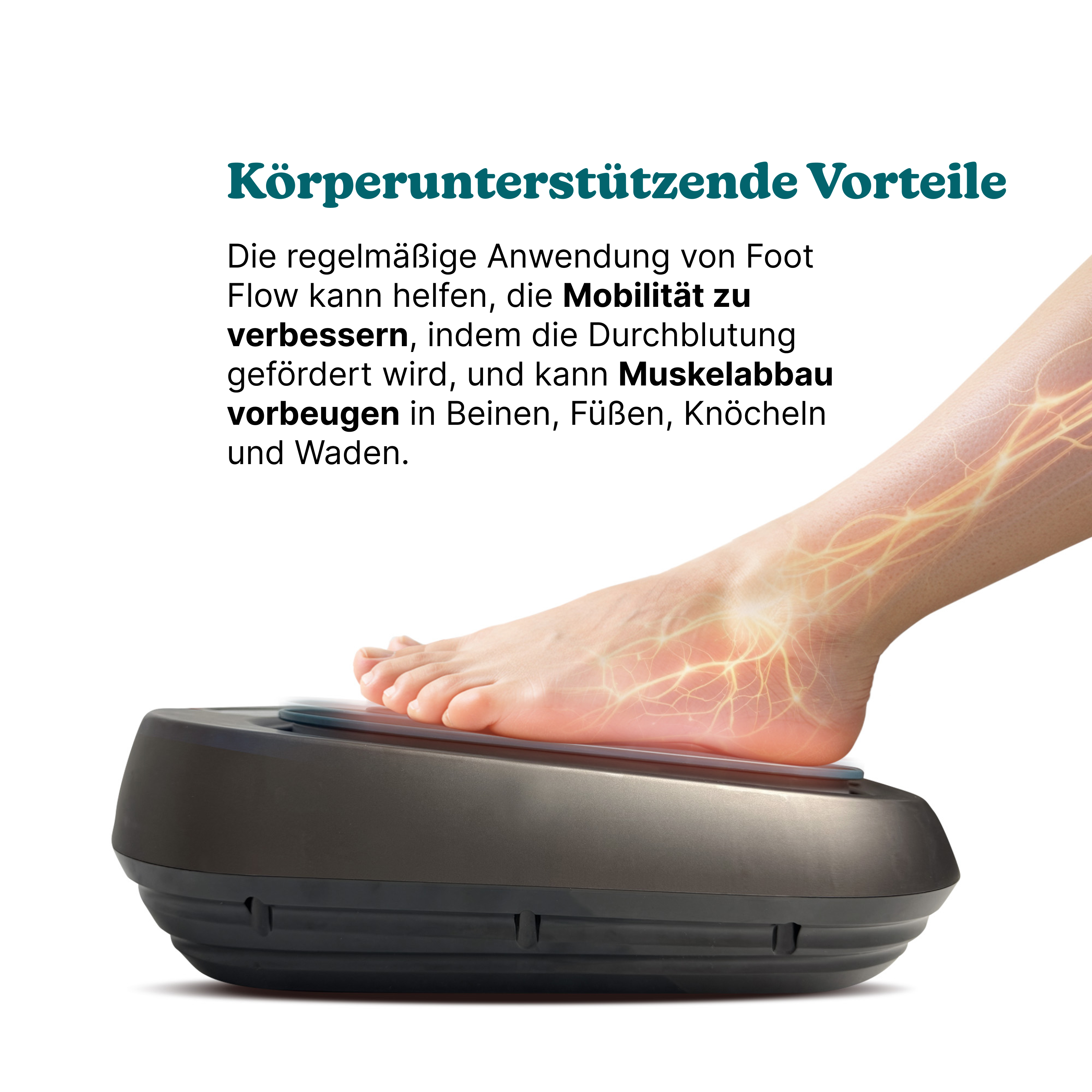 Ein Fuß ruht auf einem schwarzen Gerät. Gelbe Linien zeigen Nerven an.