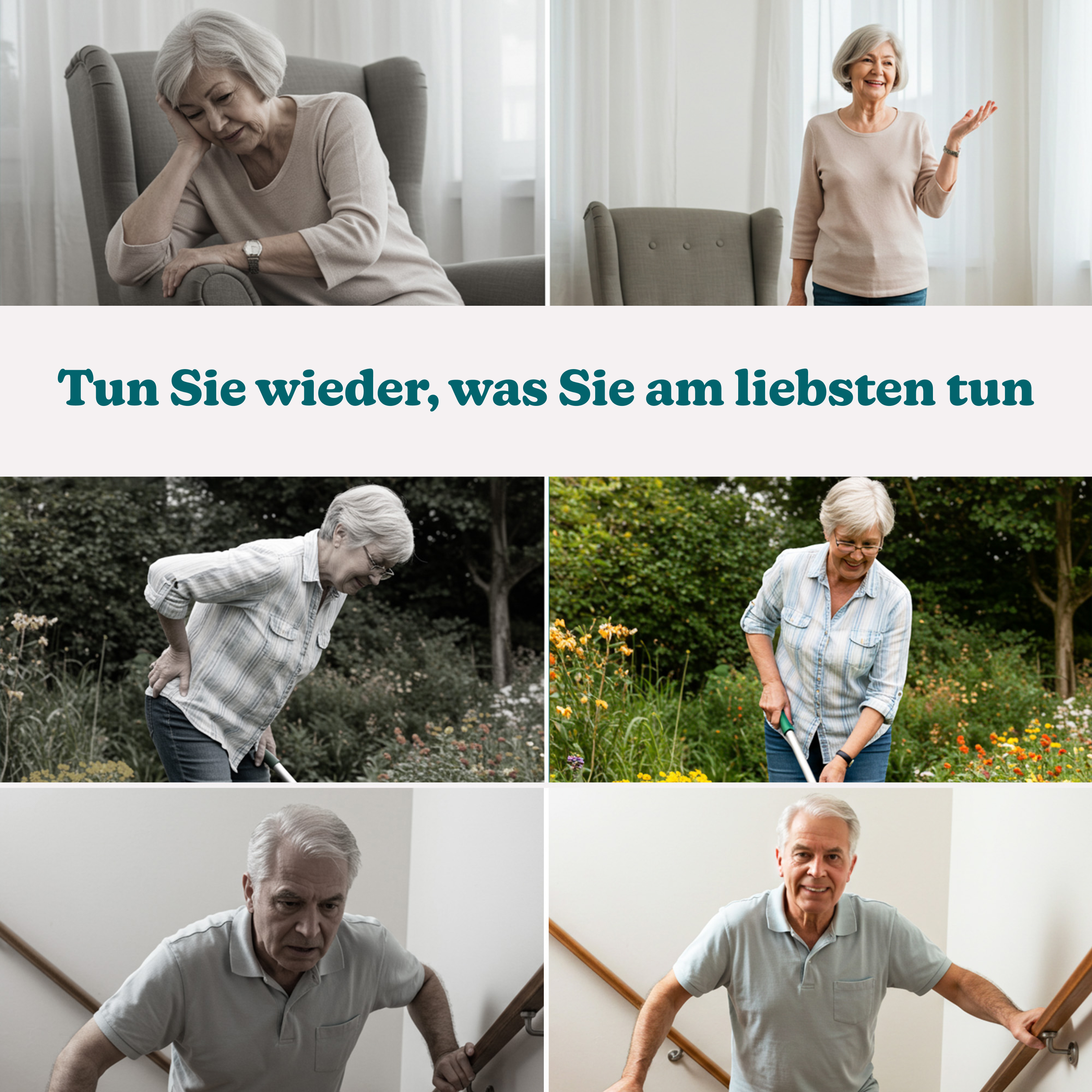 Collage zeigt ältere Menschen: traurig im Sessel, lachend, im Garten, Treppen steigend.