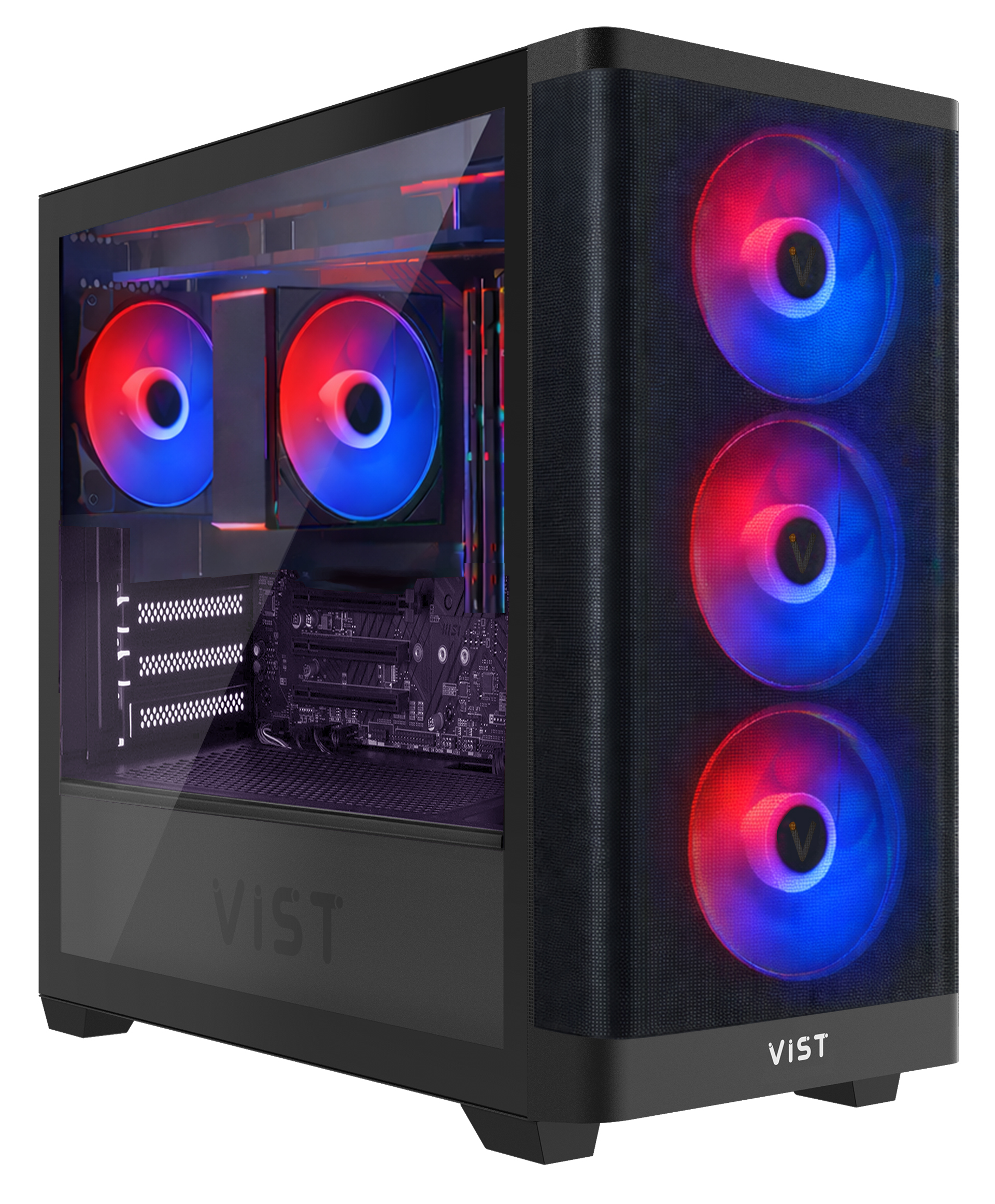 Un case PC nero con finestra in vetro e ventole illuminate.