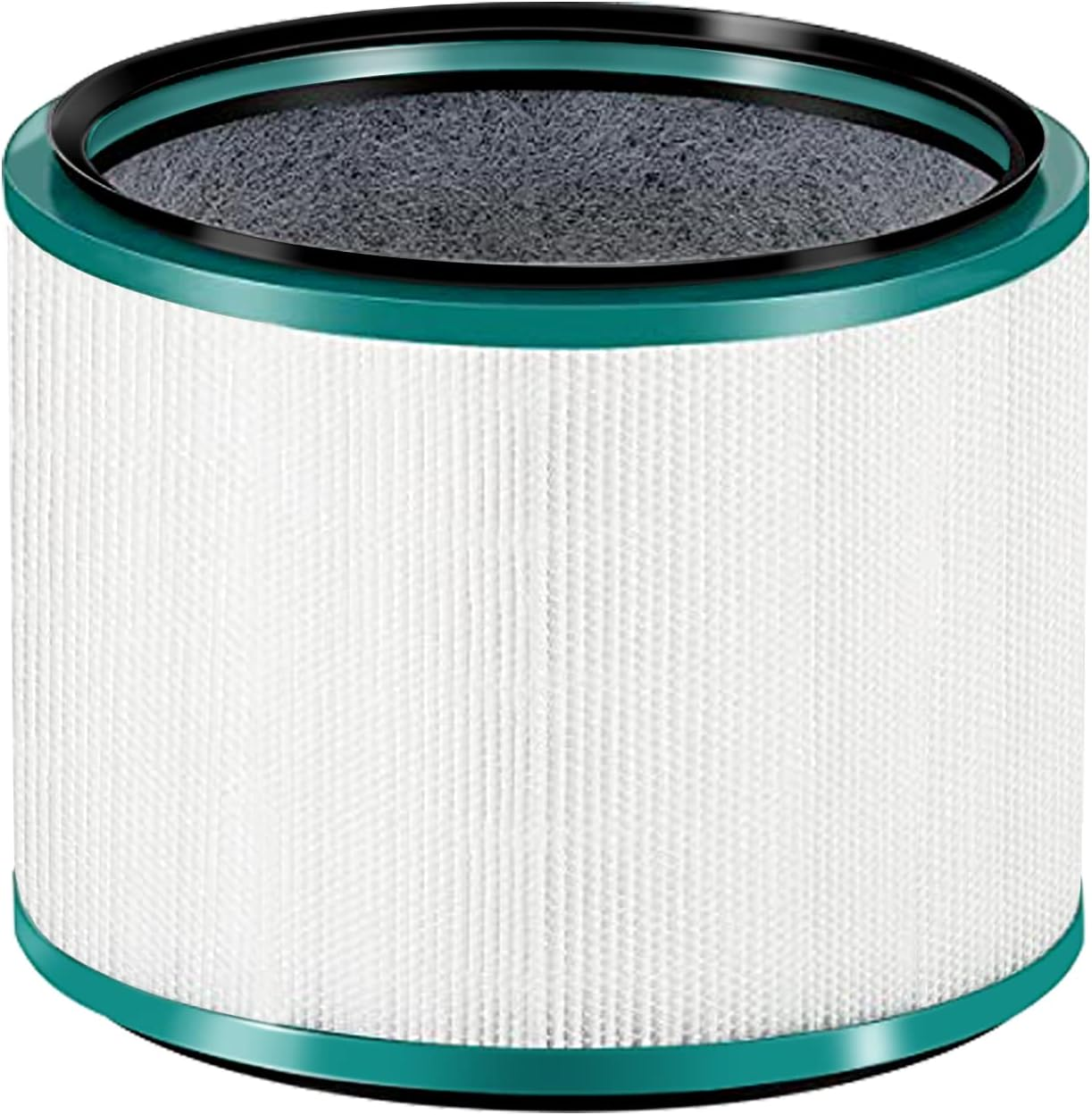 Ein zylindrischer HEPA-Filter mit weißer Textur und türkisfarbenen Rändern.
