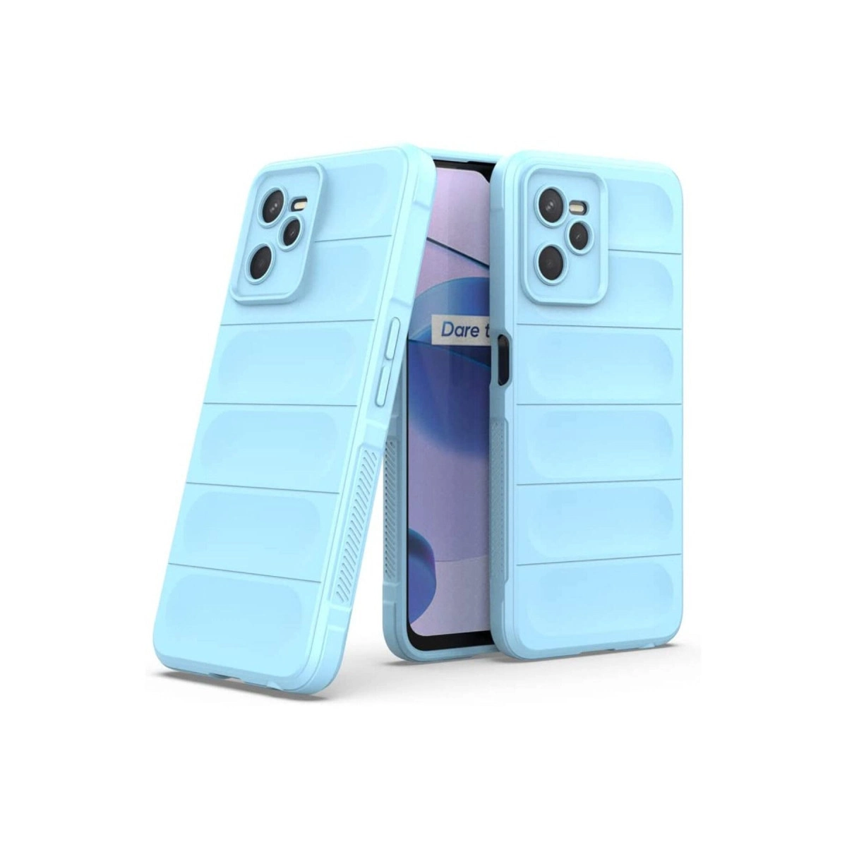 Yatay çıkıntılı iki açık mavi telefon kılıfı, biri içinde telefon.