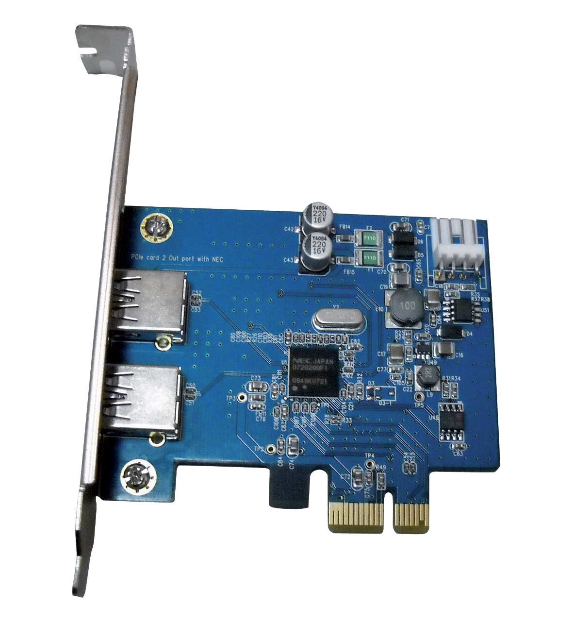 Scheda PCle blu con due porte USB e chip NEC.
