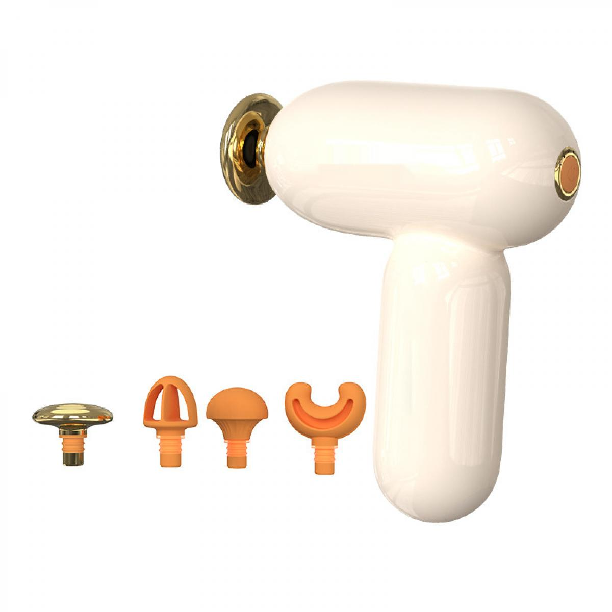 Ein weißes Massagegerät mit goldener Spange und vier orangefarbenen Aufsätzen.