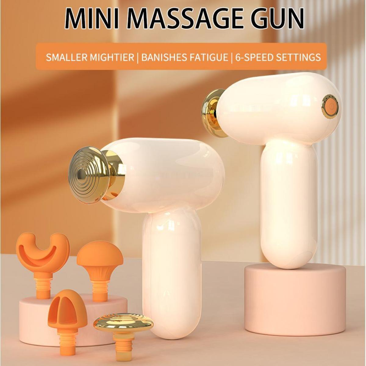 Mini-Massagepistolen mit verschiedenen Aufsätzen auf einem hellen Hintergrund.