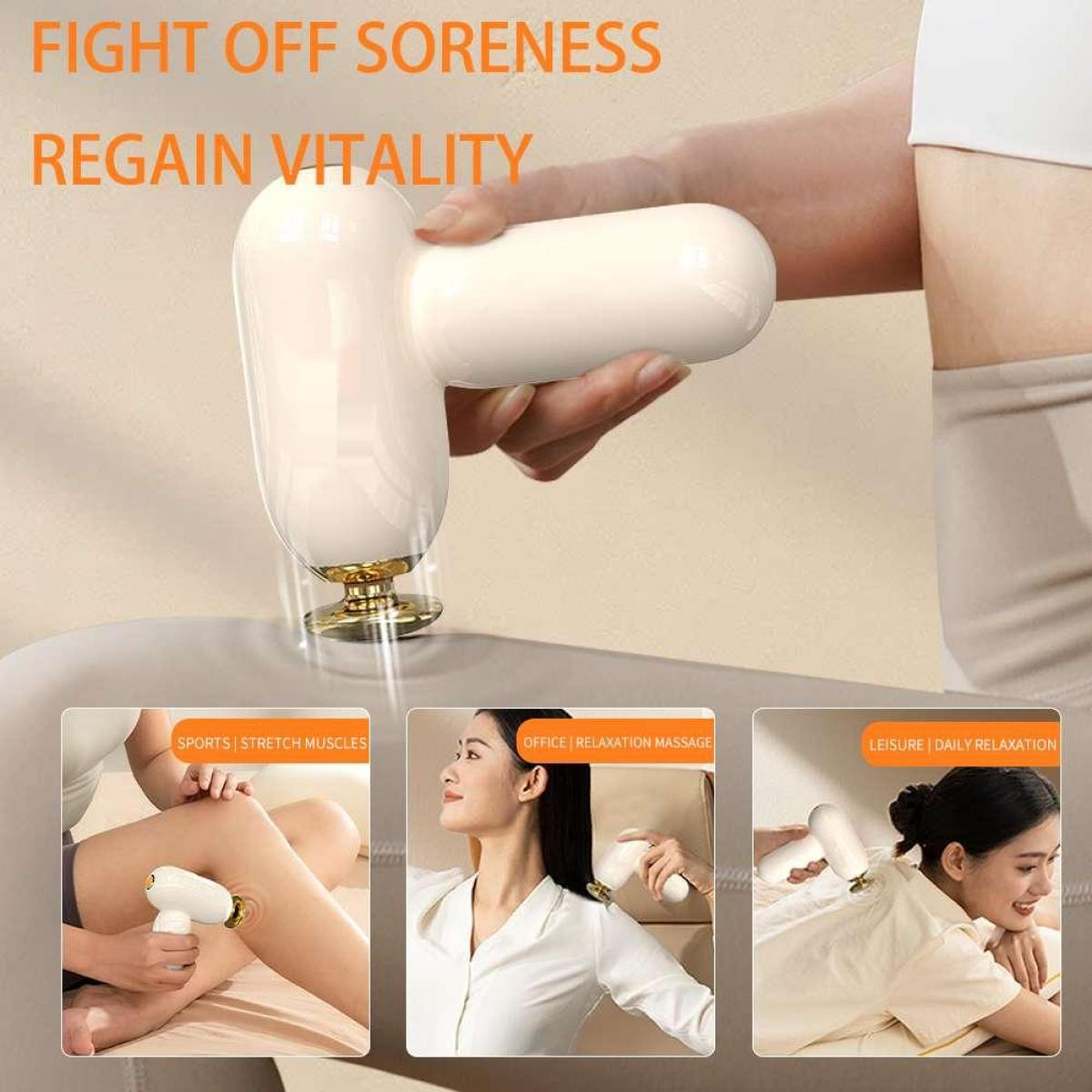 Eine Hand hält ein Massagegerät. Unten sind drei Szenen: Beinmassage, Nackenmassage, Rückenmassage.