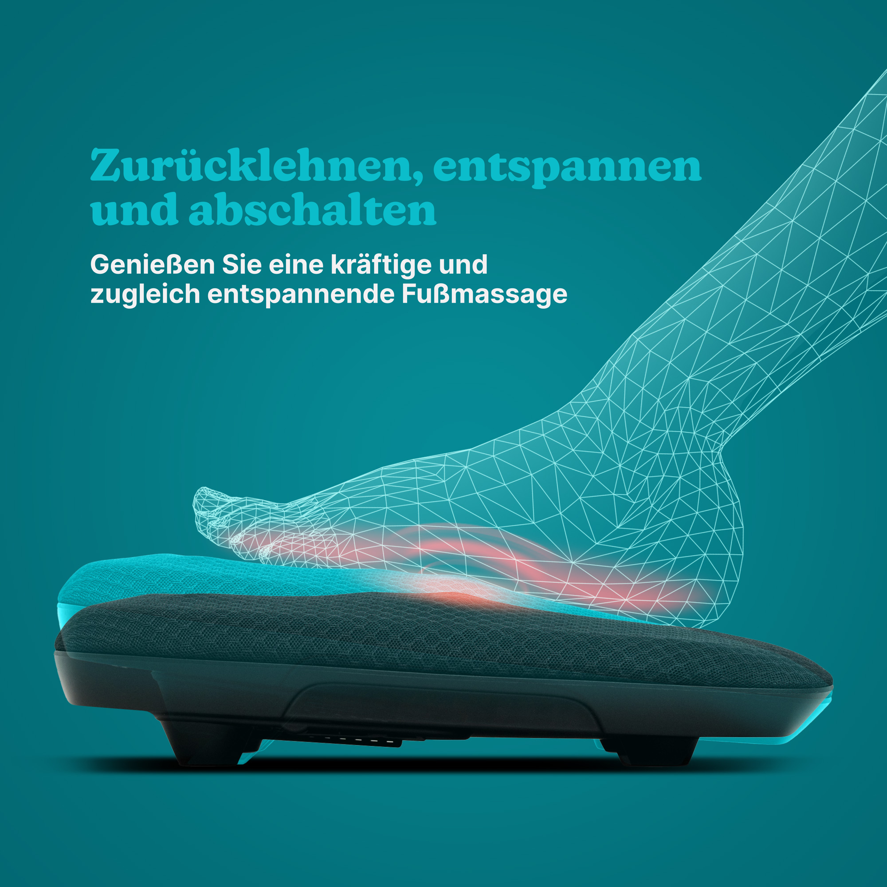 Ein Fußmassagegerät mit einem stilisierten Fuß darüber. Hintergrund ist petrolfarben.