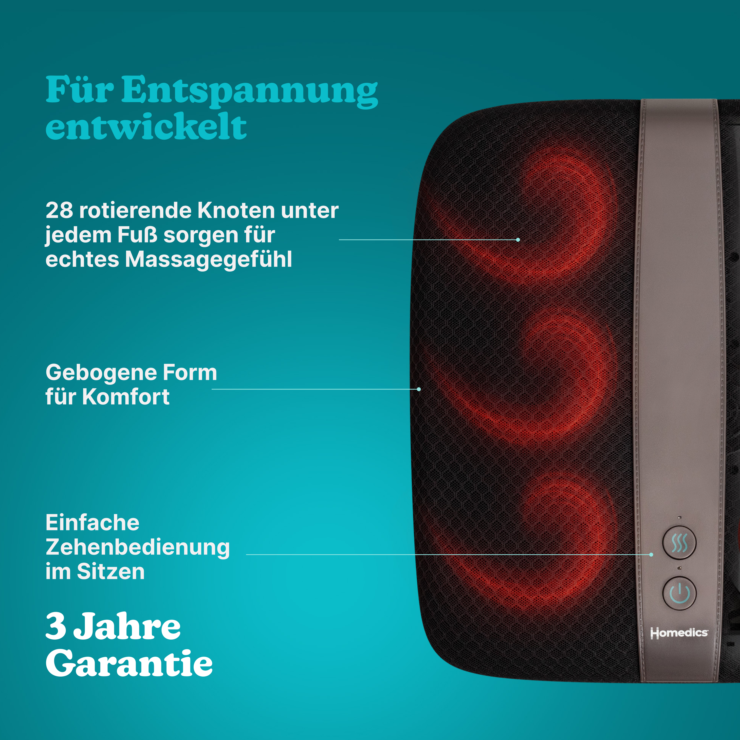 Massagegerät mit roten Heizknoten und Bedienelementen.