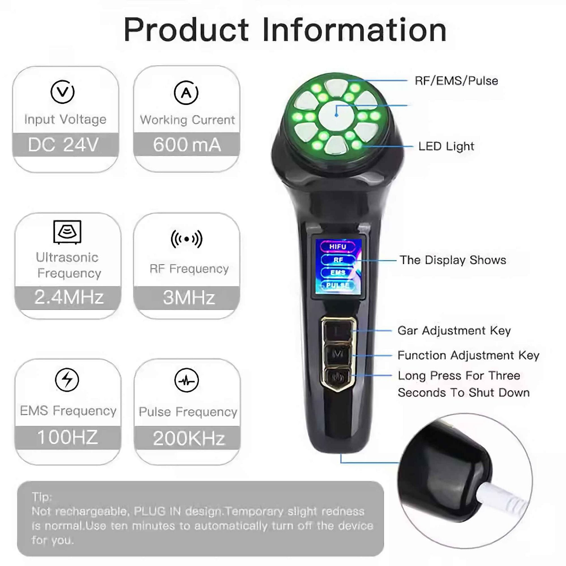 Schwarzes Hautpflegegerät mit LED-Licht und Display.