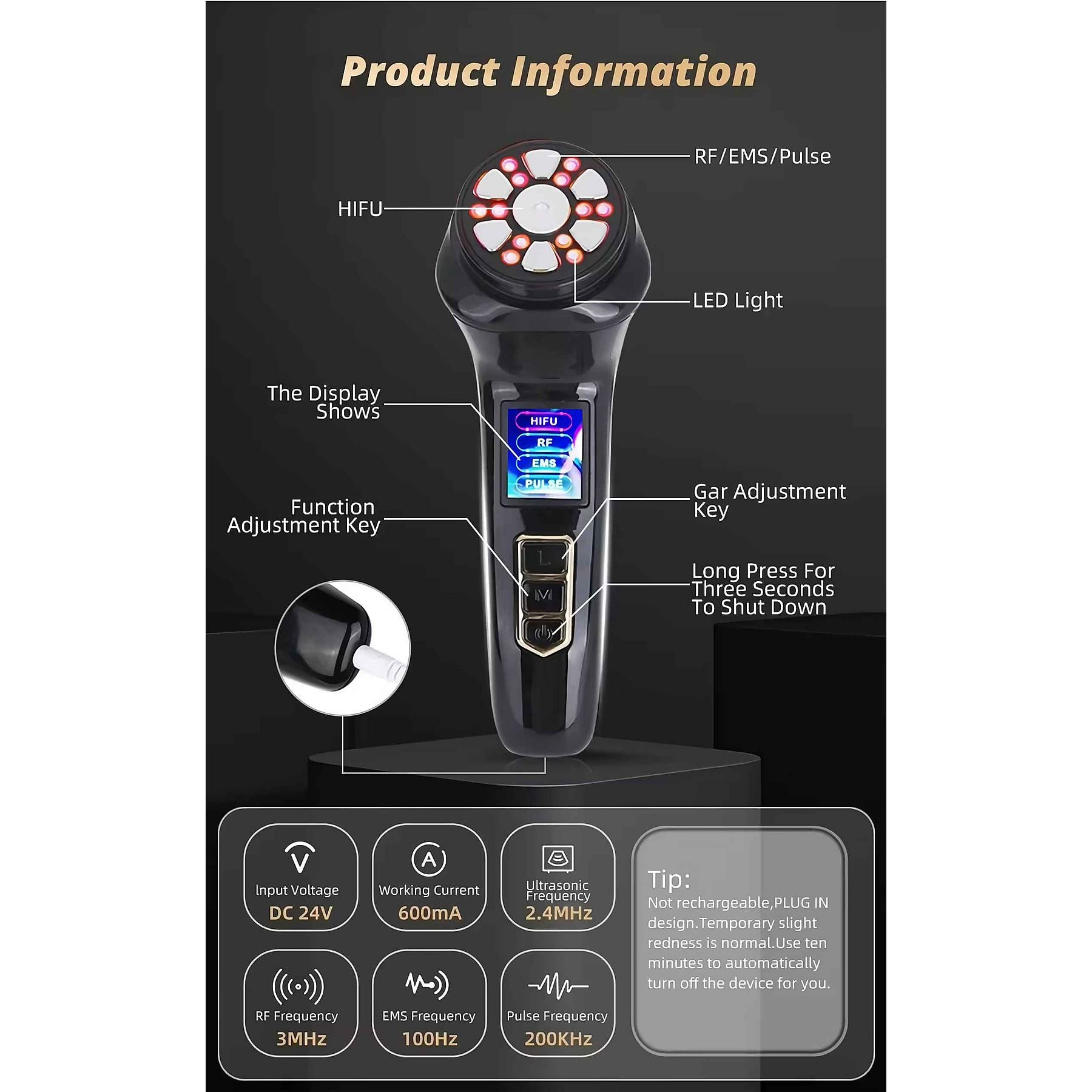 Schwarzes Hautpflegegerät mit LED-Licht, Display und Bedienelementen.