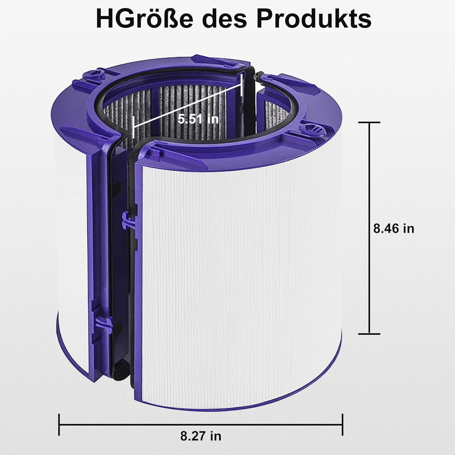 Ein runder Filter mit lila Oberteil und weißem Körper. Maße sind angegeben.
