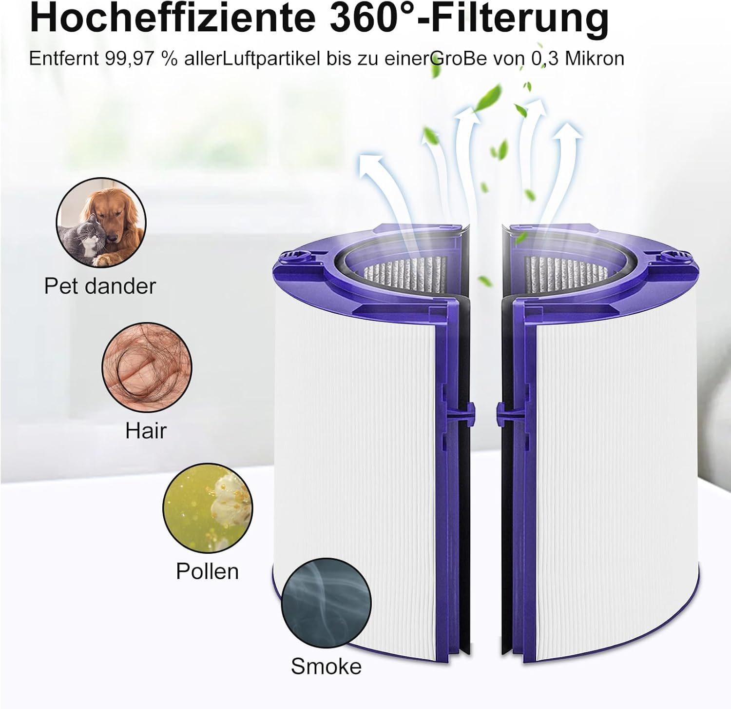 Luftreiniger-Filter entfernt Tierhaare, Pollen, Rauch und Haare.