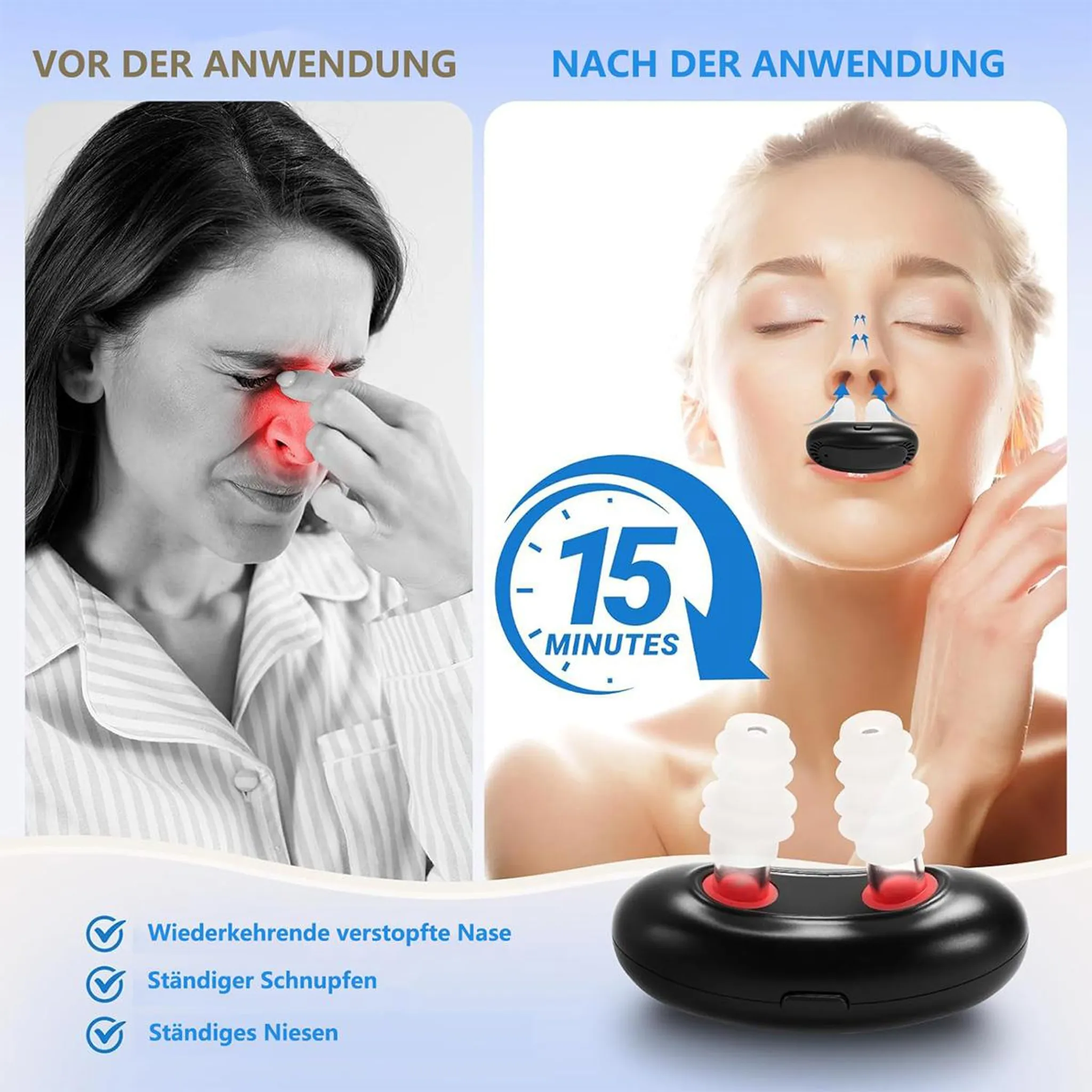 Vorher: Frau mit verstopfter Nase. Nachher: Frau mit Nasenclip, 15 Min.