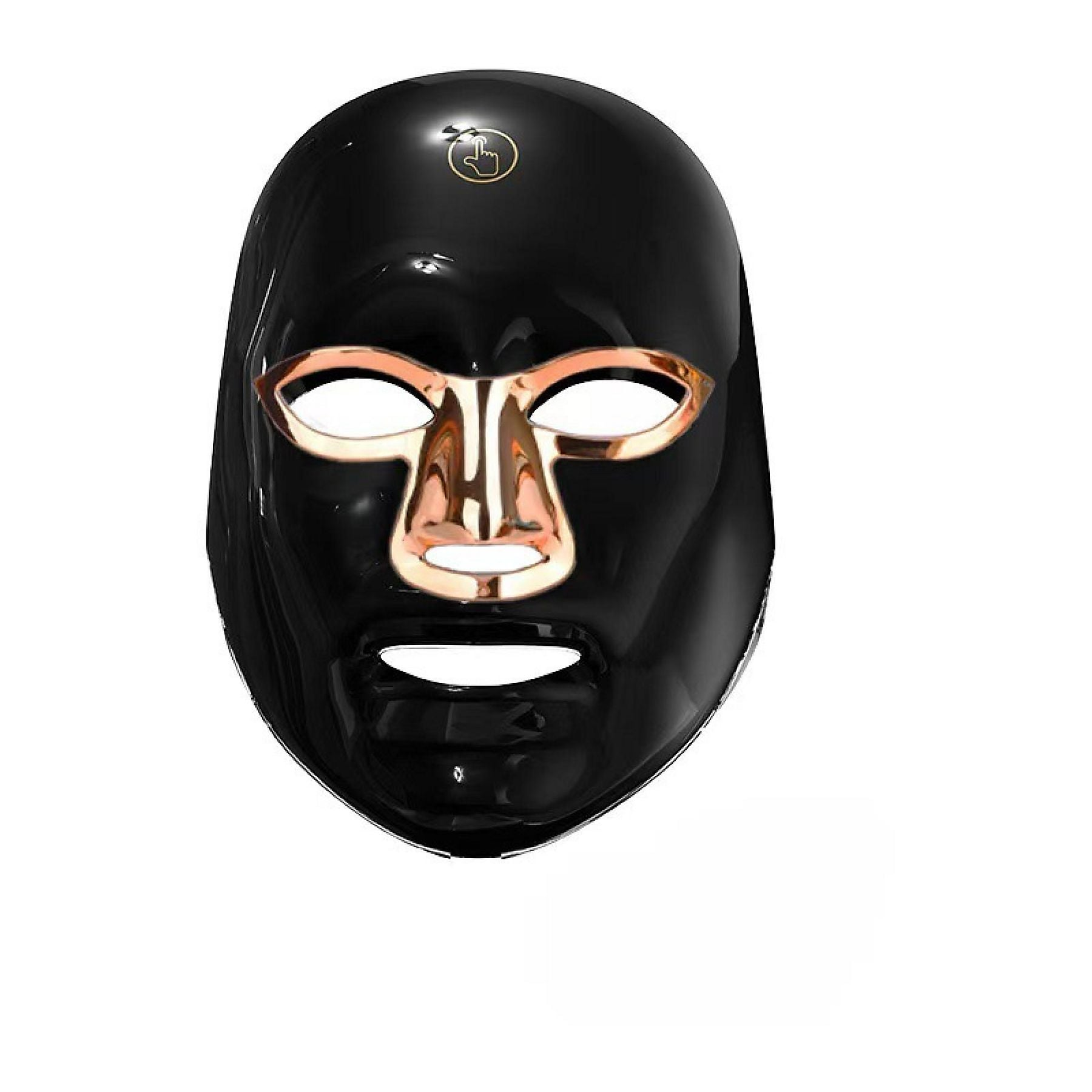 Eine glänzende schwarze Maske mit roségoldenen Akzenten für Augen und Nase.