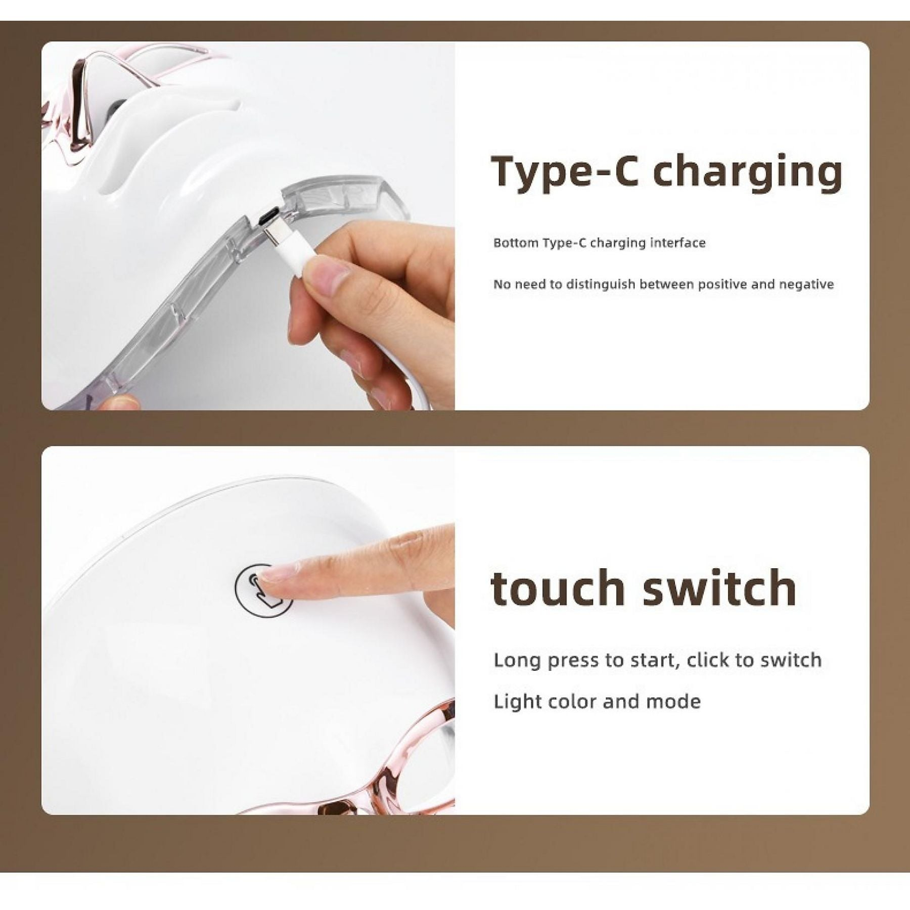 Ein Finger berührt einen weißen Touch-Schalter. Ein anderer Finger steckt ein Typ-C-Kabel ein.