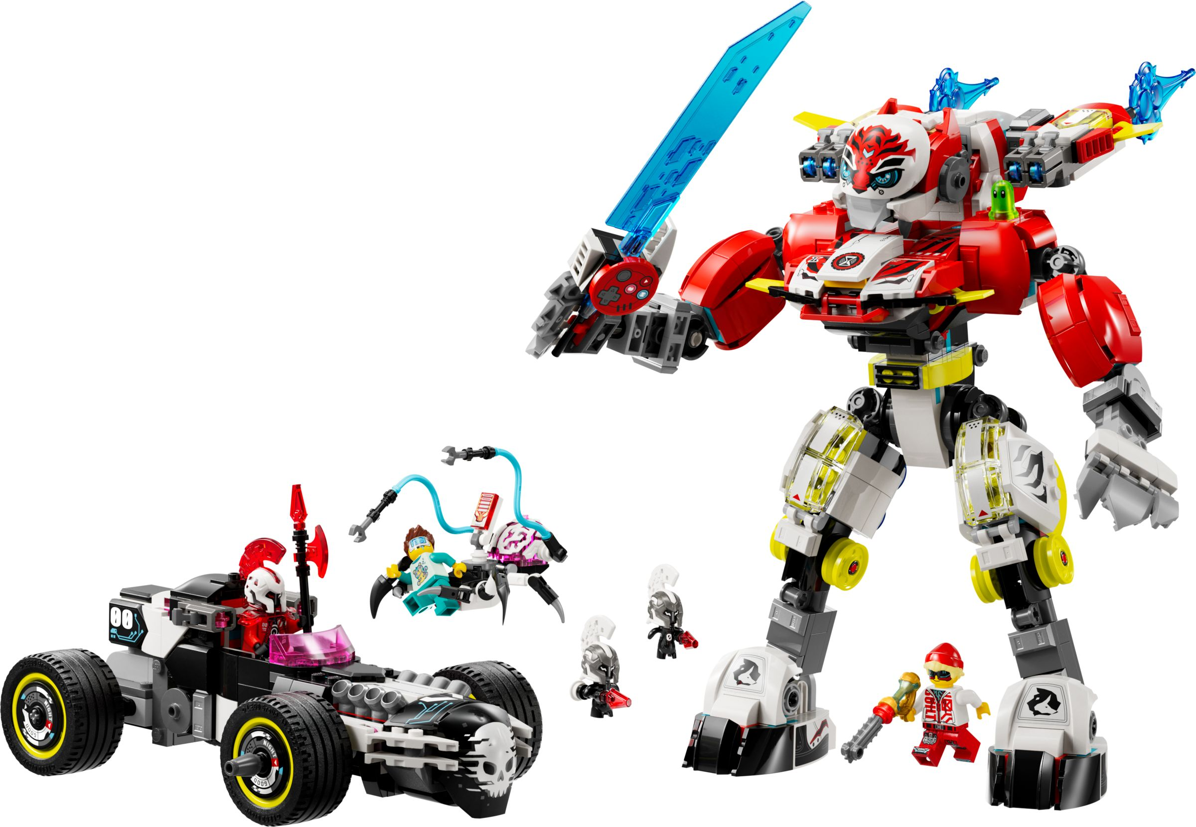 Lego-Spielzeug: Ein großer roter und weißer Mech mit blauem Schwert, ein Auto und Figuren.