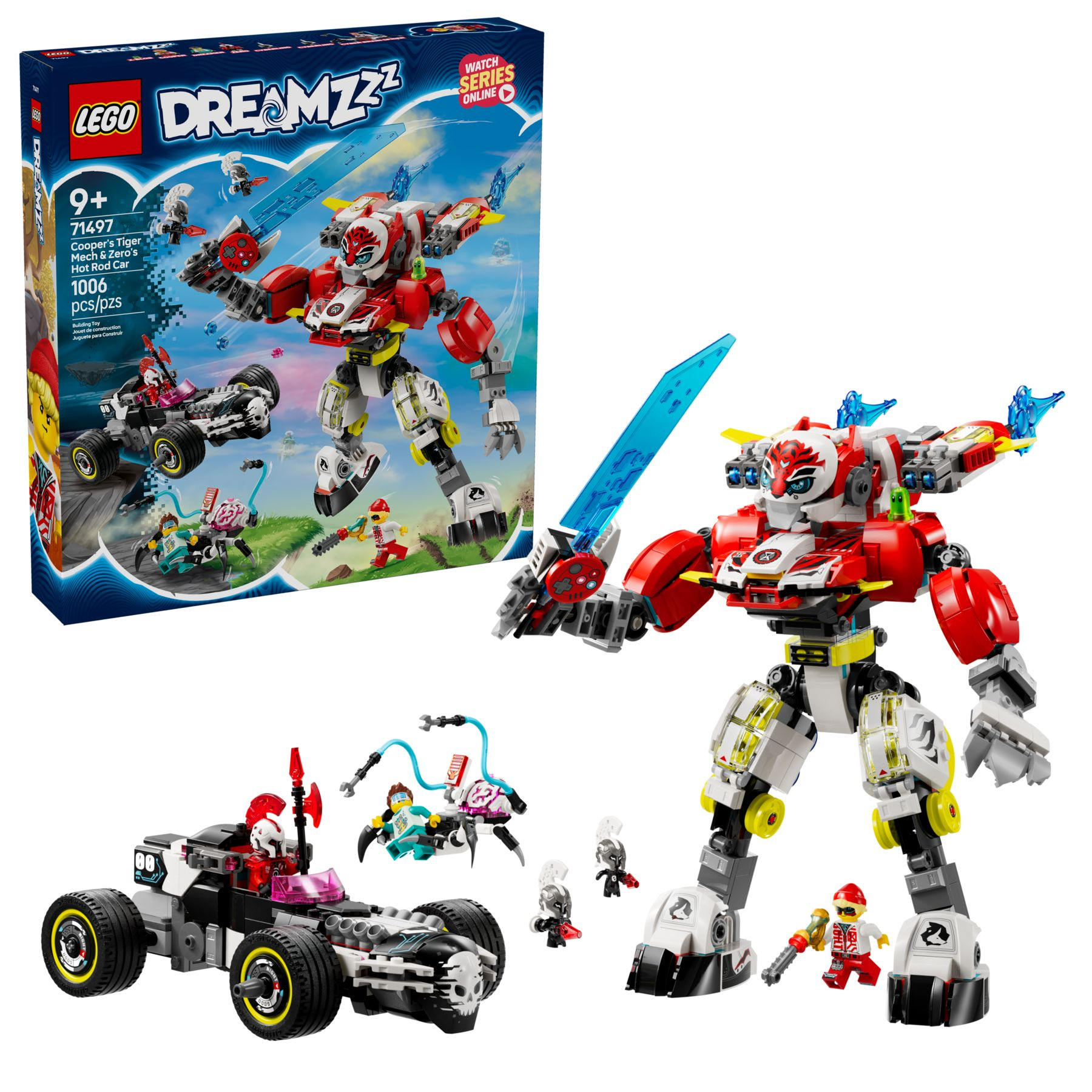 LEGO-Set mit einem roten Tiger-Mech, Hot Rod Auto und Figuren.