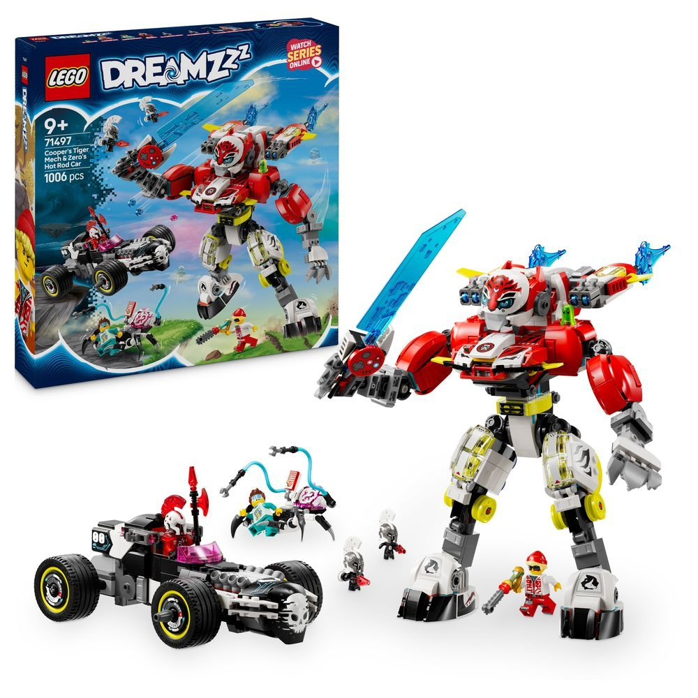 Ein roter und weißer Lego-Mech hält ein blaues Schwert, daneben ein Auto und Minifiguren.