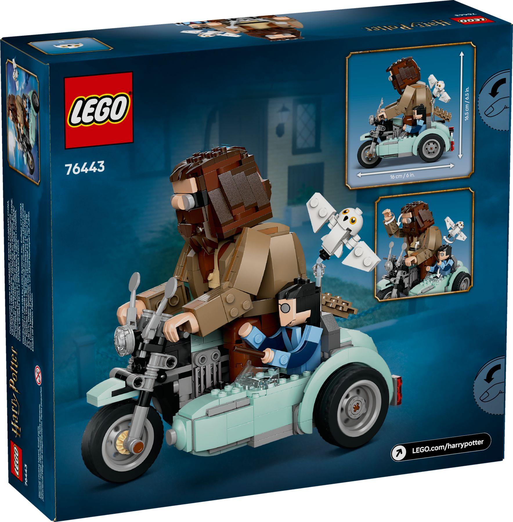 LEGO Harry Potter Set 76443: Hagrid und Harry auf einem Dreirad mit Eulen.