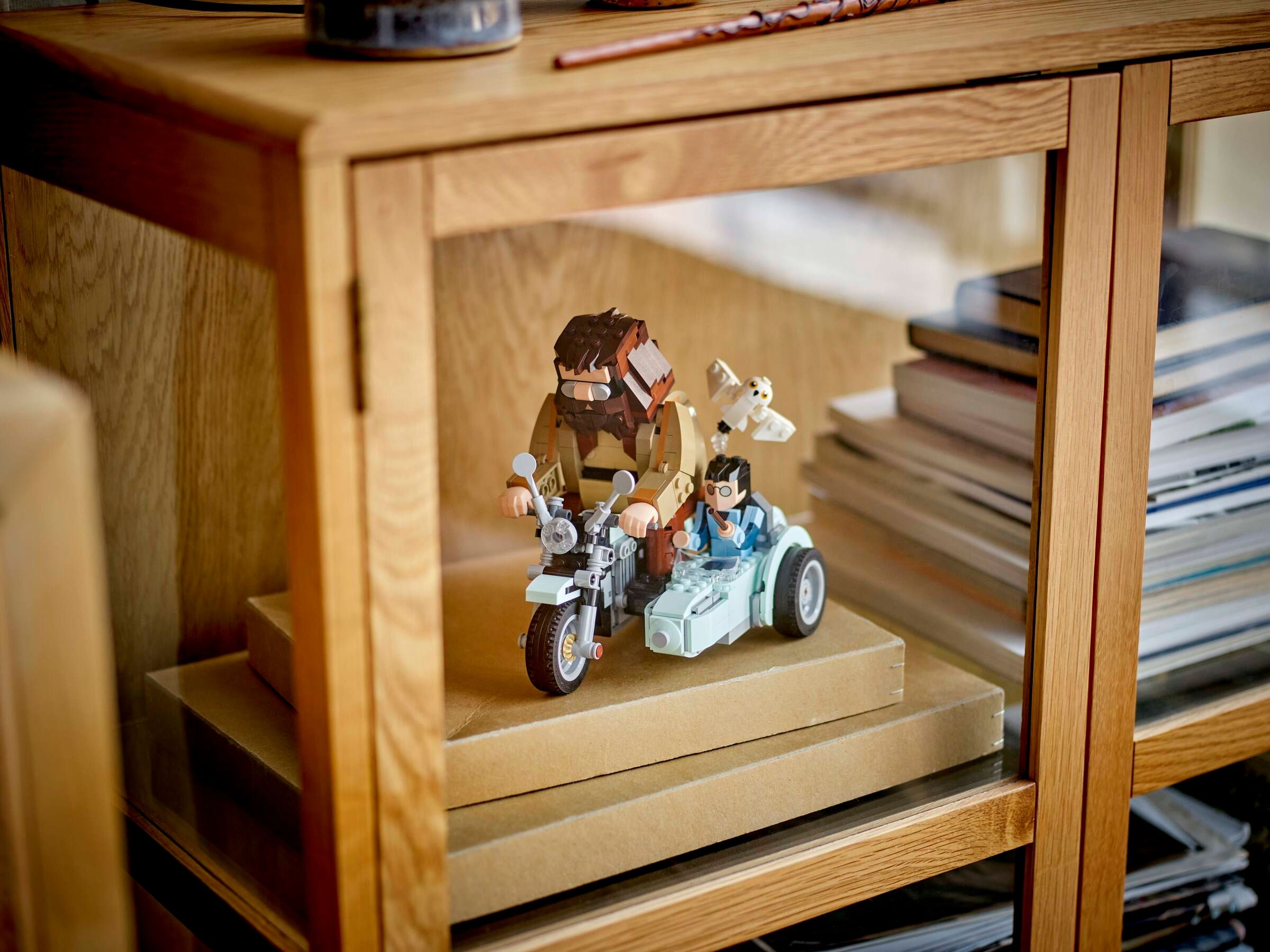 Hagrid auf einem Motorrad mit Beiwagen und Harry mit Hedwig, auf einem Regal.