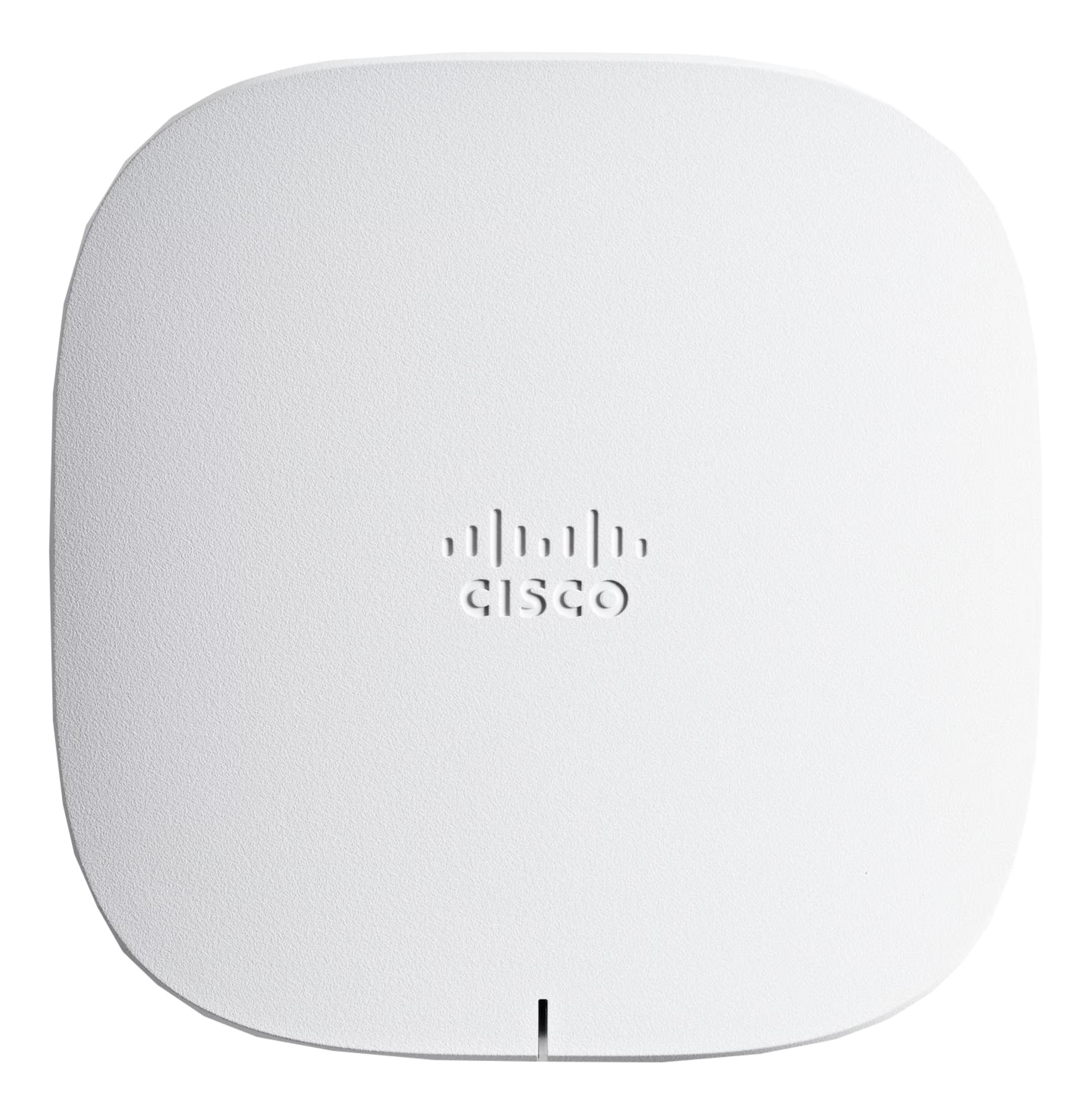 Białe urządzenie Cisco z wytłoczonym logo i pionową szczeliną na dole.
