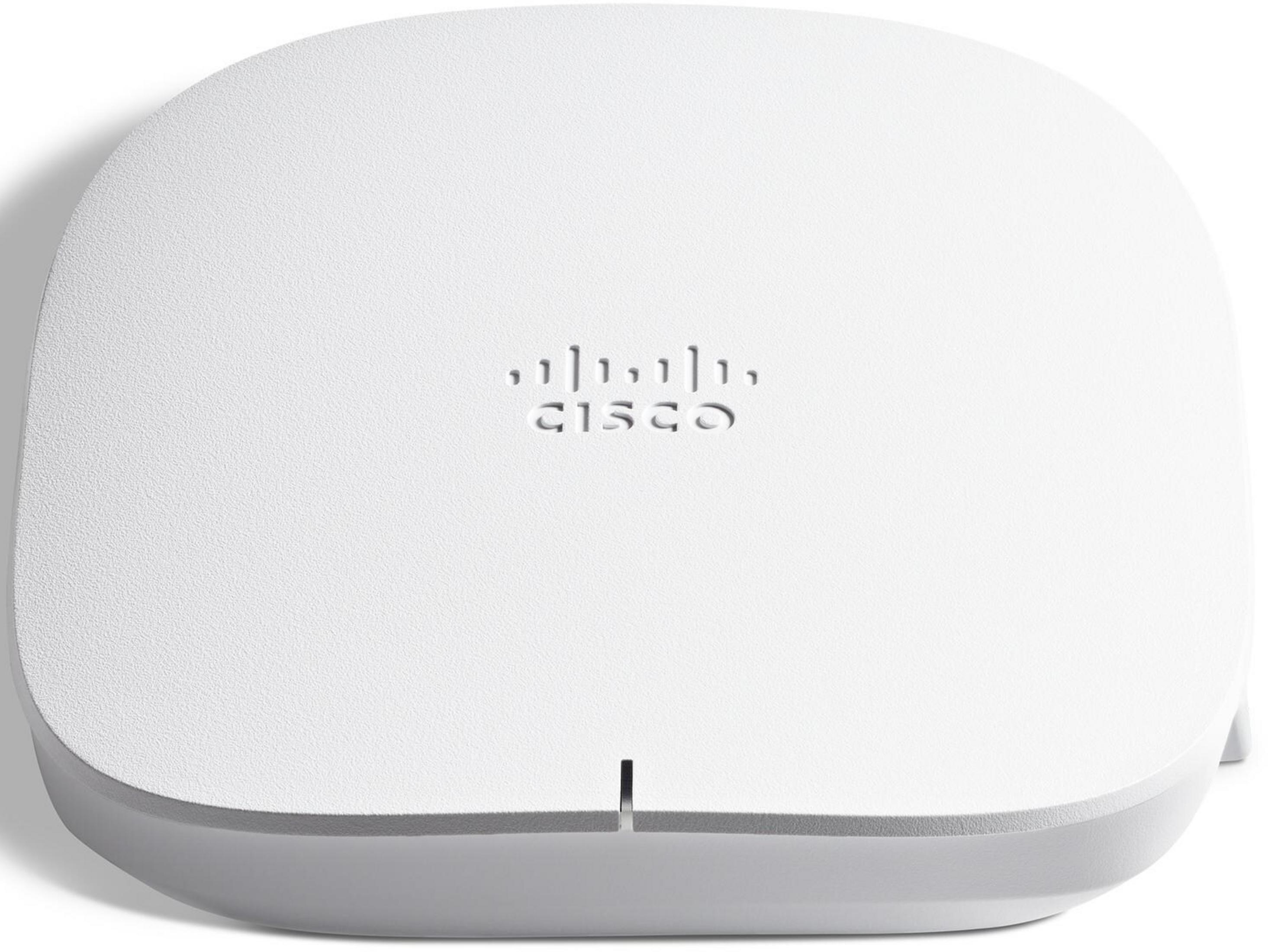 Biały punkt dostępowy Cisco z wytłoczonym logo i wąskim otworem.