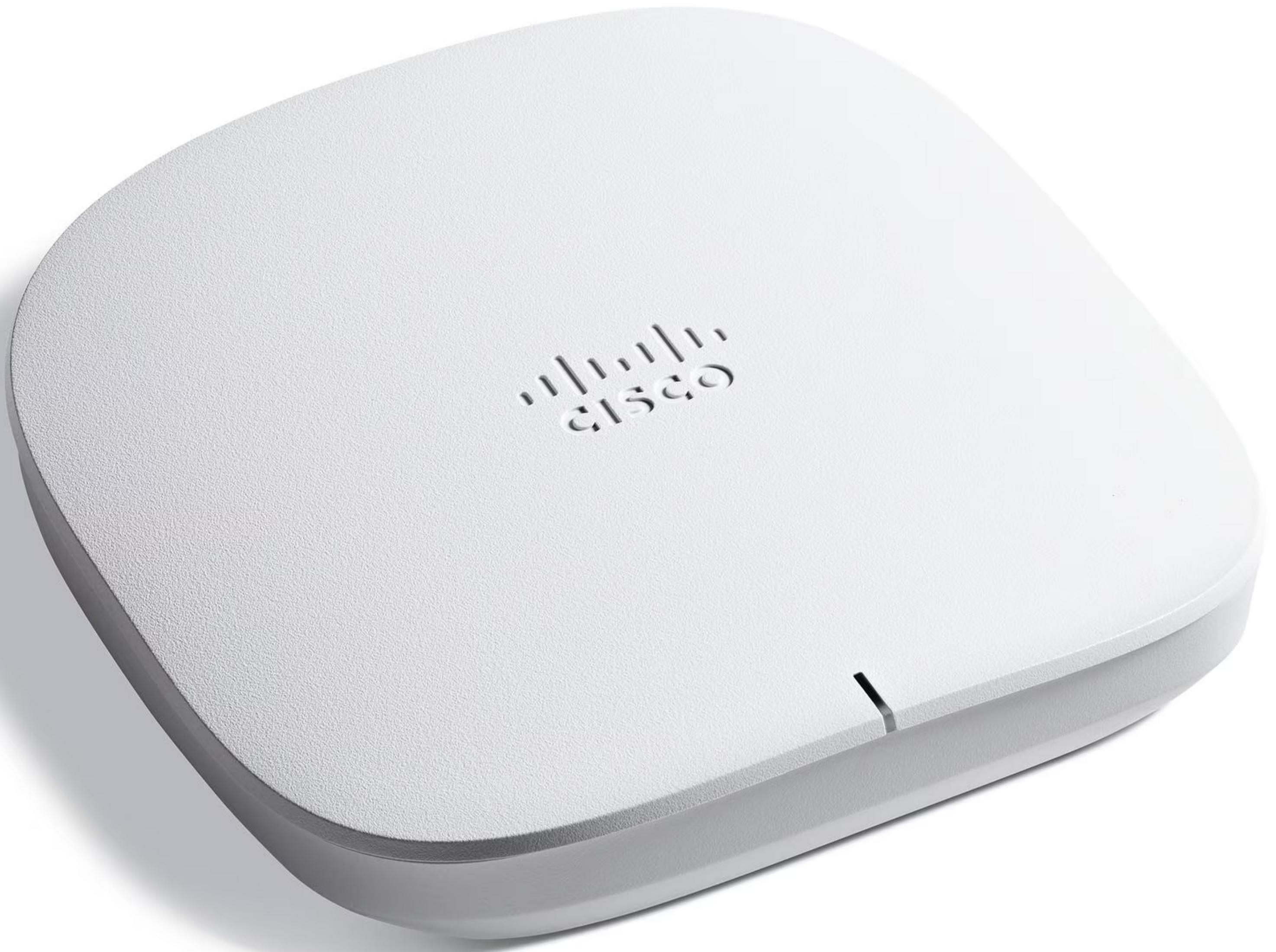 Biały punkt dostępowy Wi-Fi Cisco z wytłoczonym logo i wąskim otworem.