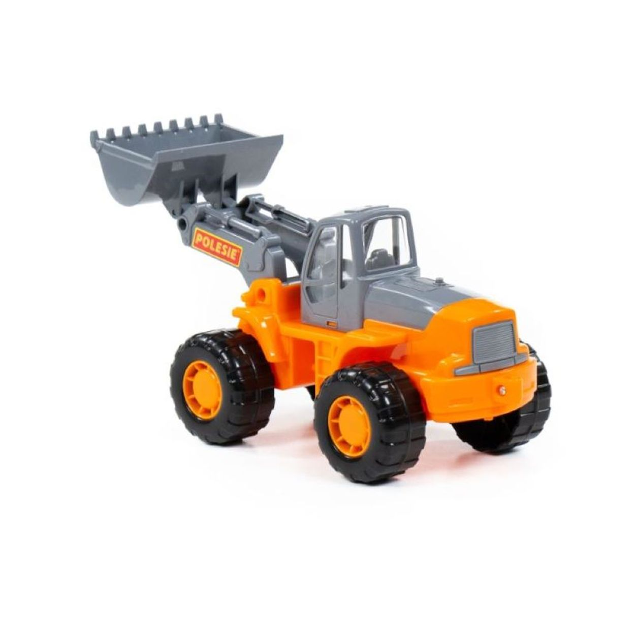 Ein orange-grauer Spielzeug-Radlader mit großen schwarzen Rädern.