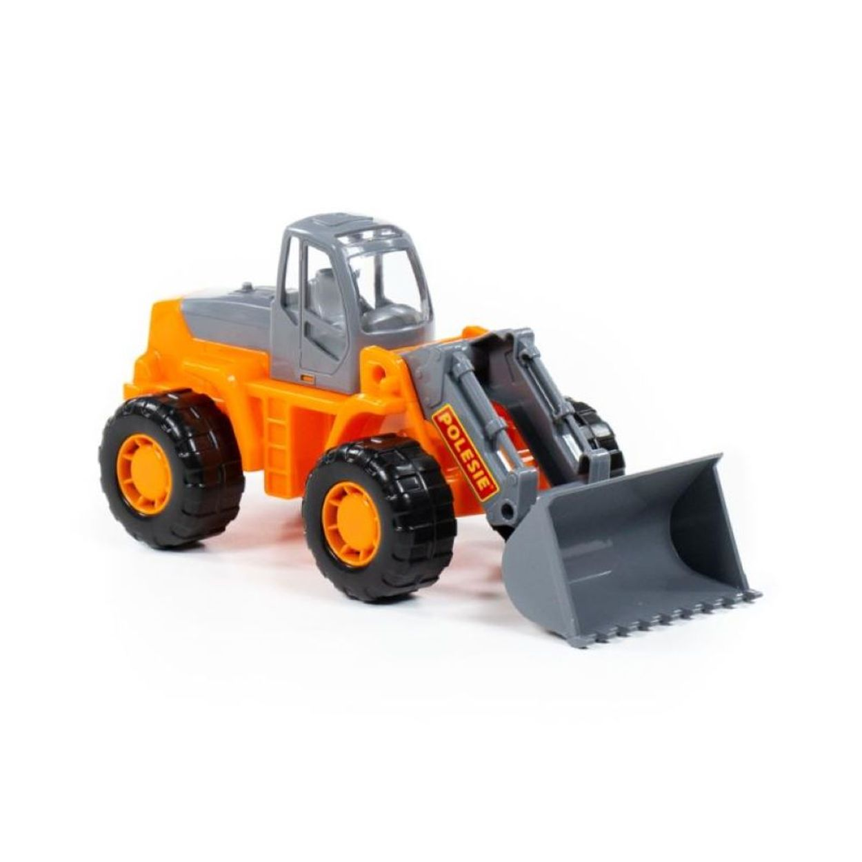 Ein orange-grauer Spielzeug-Radlader mit großen Rädern und Schaufel.