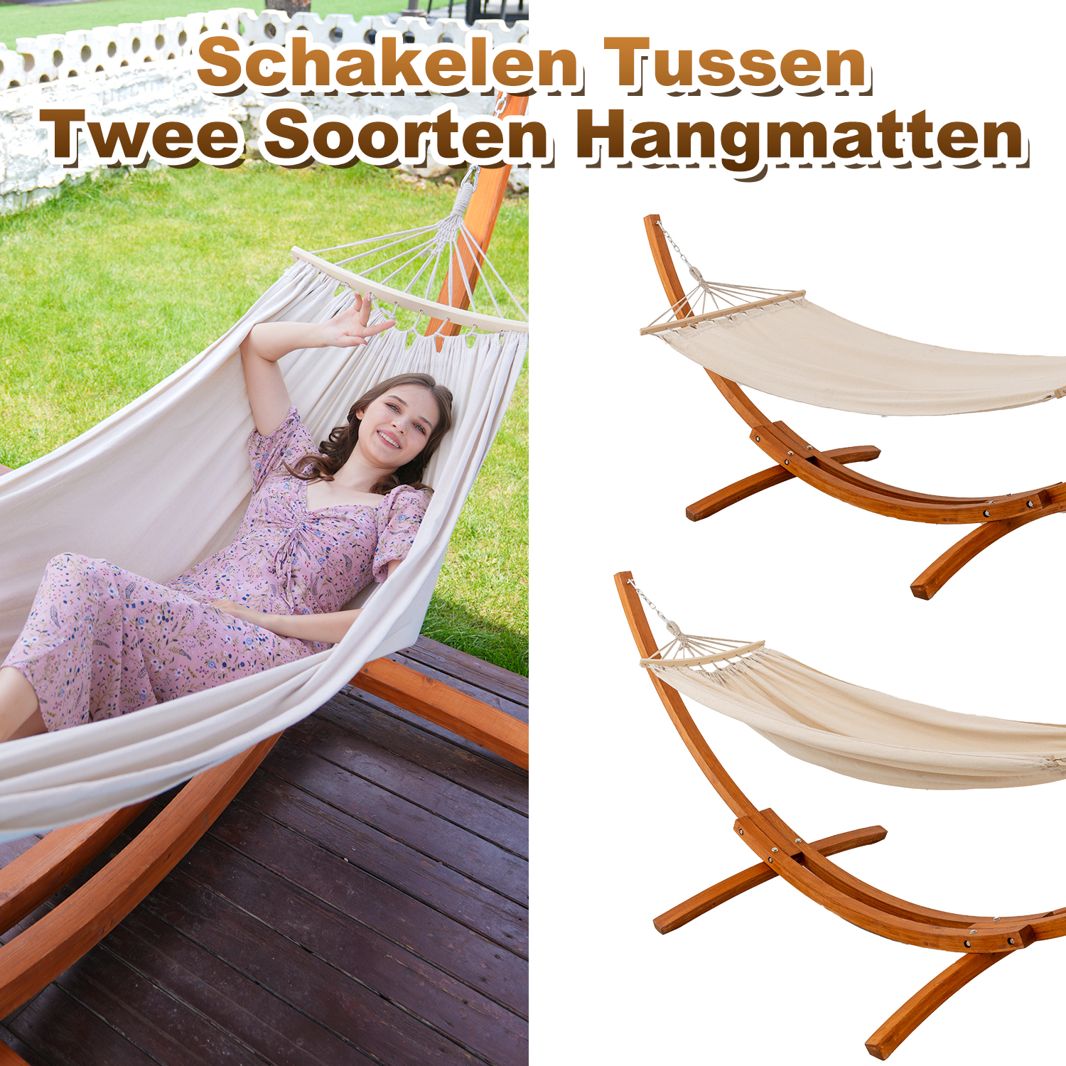 Woman in hammock set with wooden stand and garden in background.
