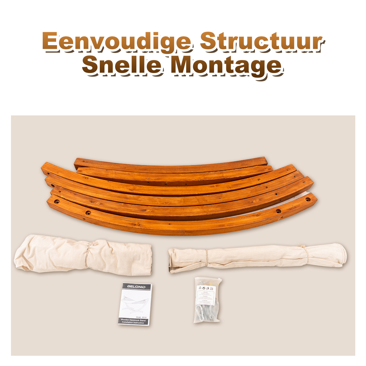 Wooden hammock stand parts, fabric bags, and instructions.
