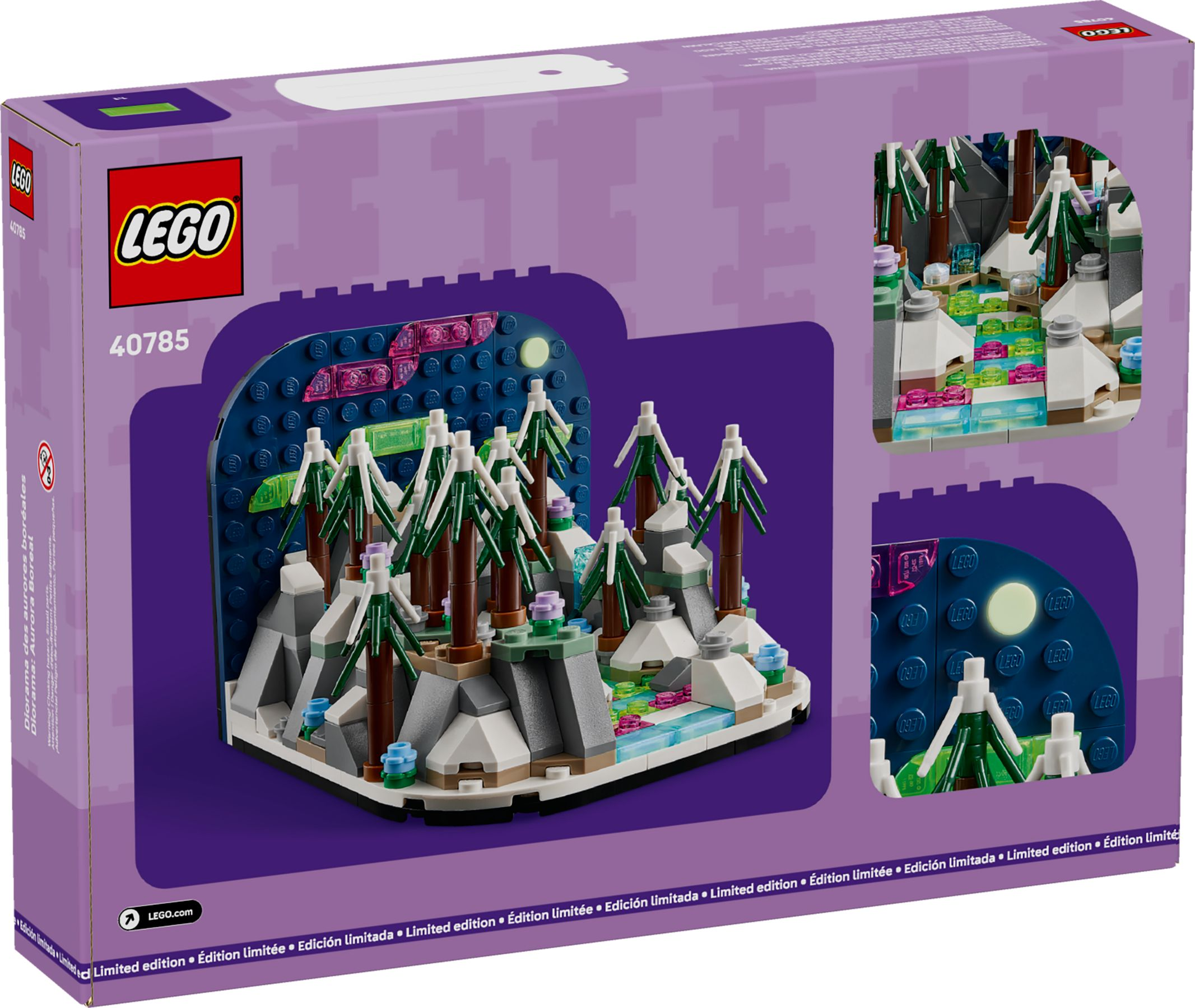 Set LEGO représentant une scène de forêt avec arbres, neige et lumières.