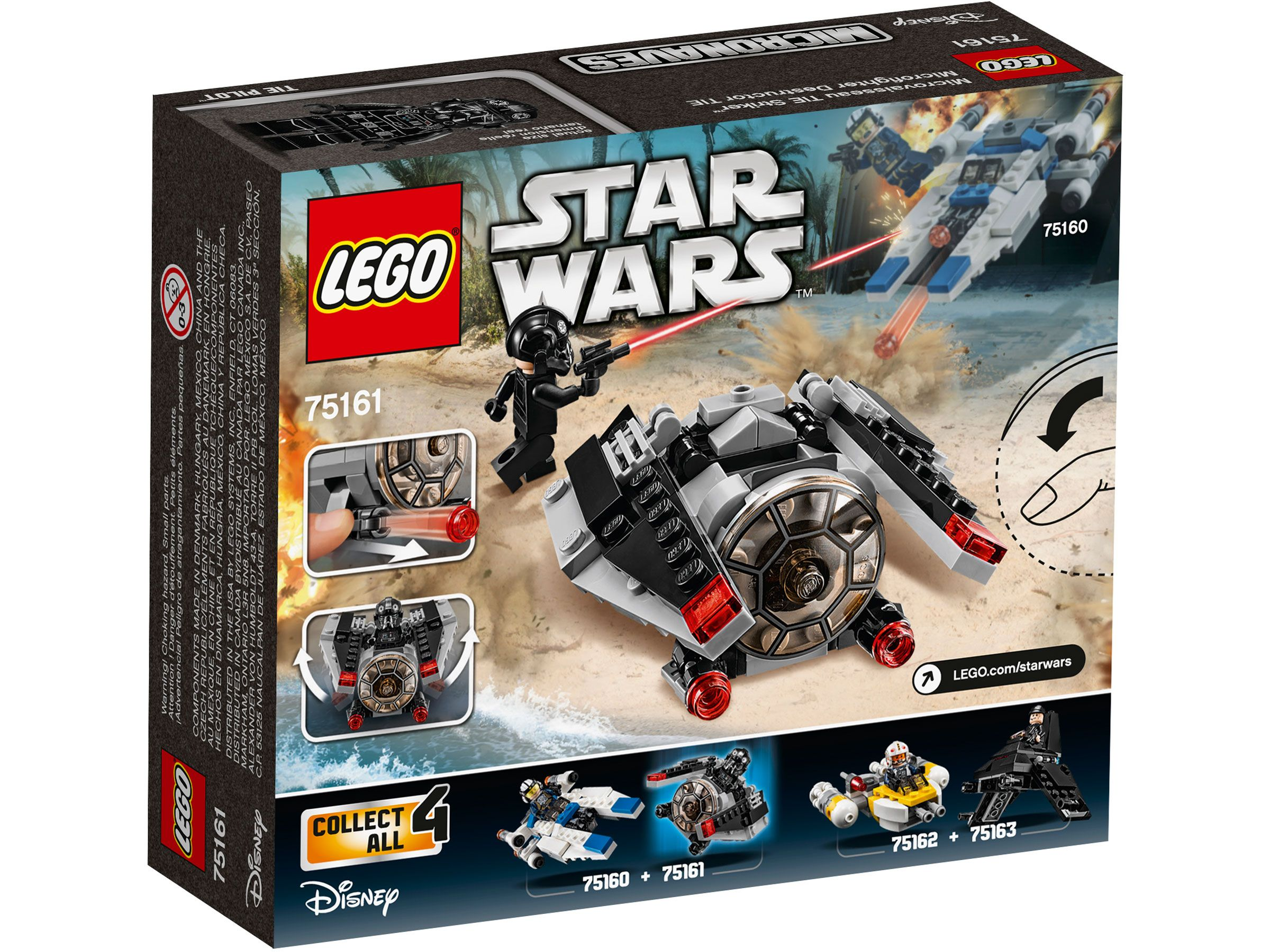 Lego Star Wars TIE Striker Bausatz mit Minifigur und Zubehör auf Strandkulisse.