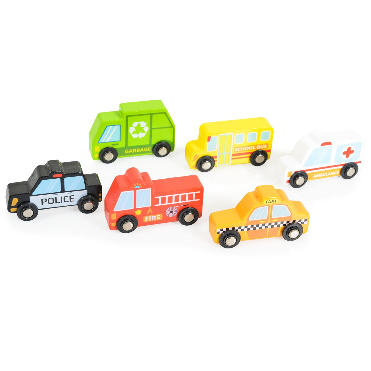 Sammlung von Spielzeugfahrzeugen: Polizei, Feuerwehr, Müllwagen, Schulbus, Taxi, Krankenwagen.