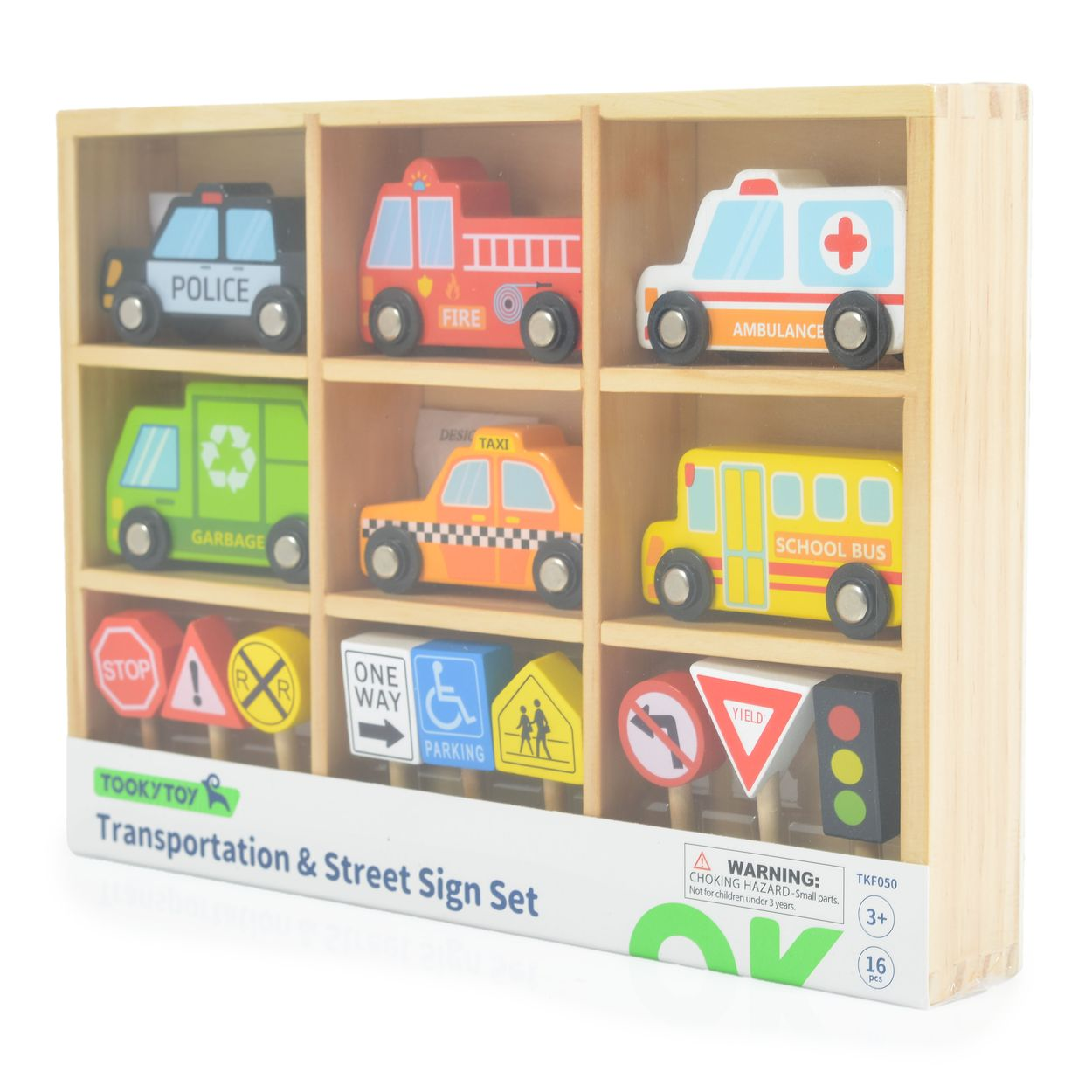 Holzspielzeug: Polizei, Feuerwehr, Krankenwagen, Müllwagen, Taxi, Schulbus & Schilder.