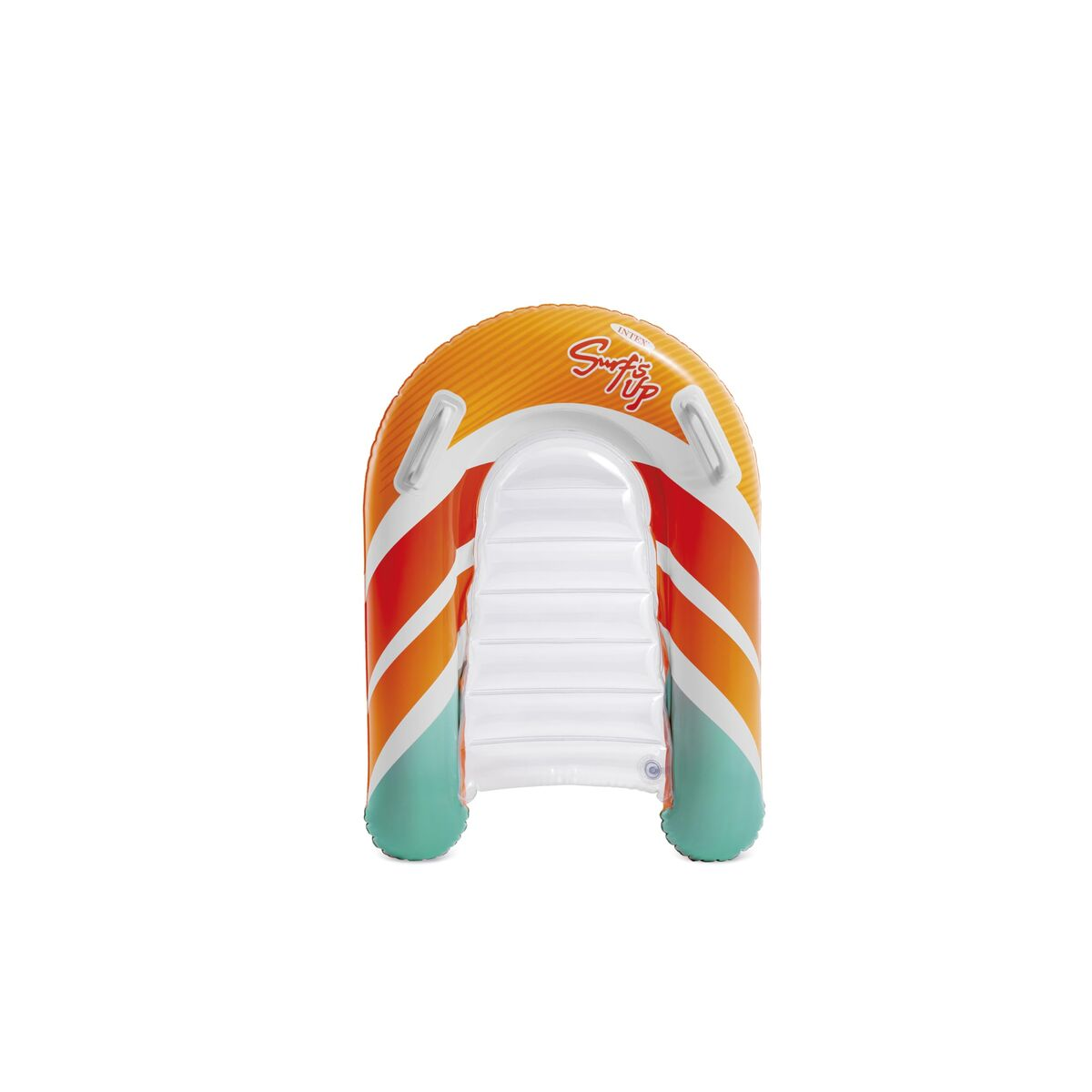 Ein aufblasbares Schwimmgerät in Orange, Rot und Türkis mit Griffen.