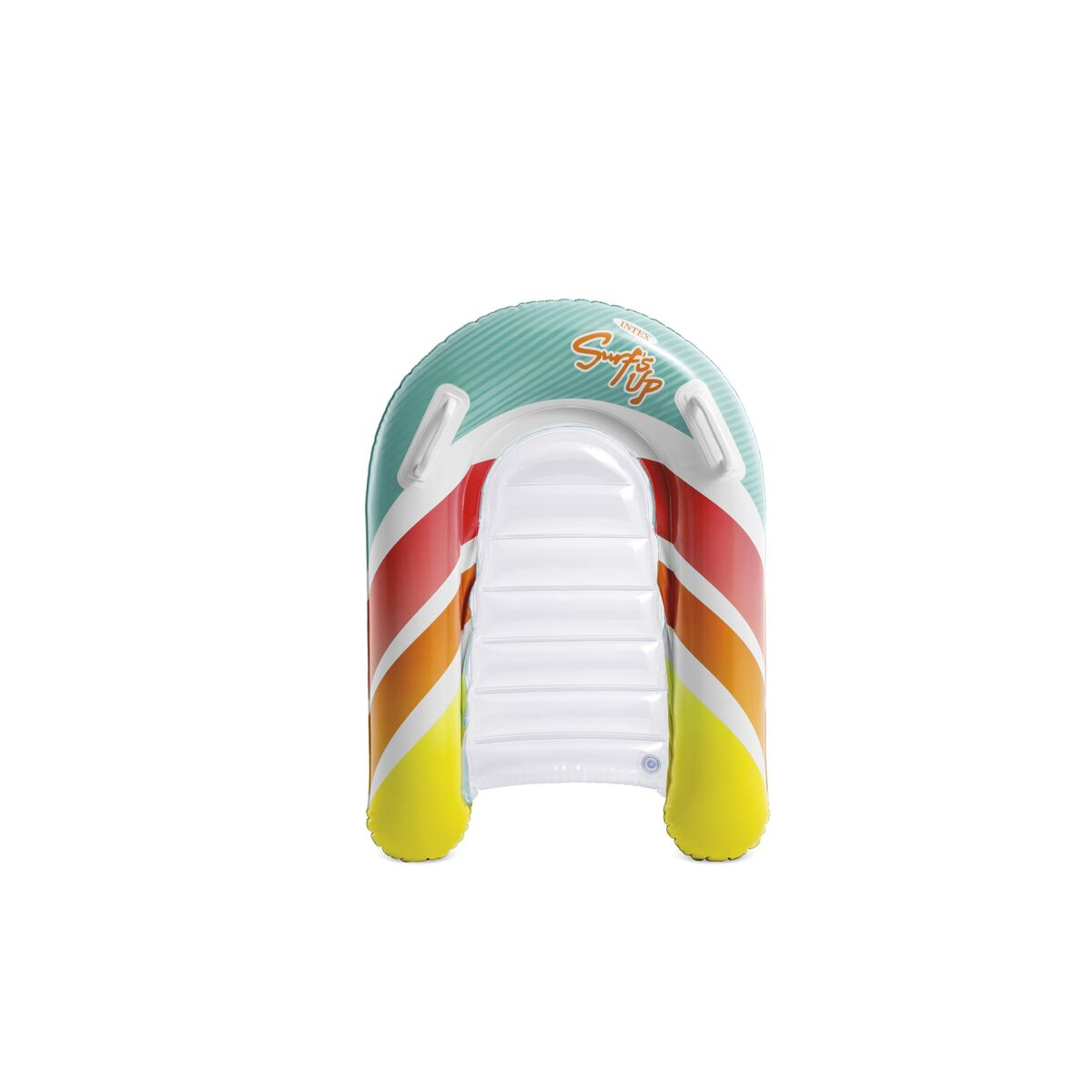 Aufblasbares Intex 'Surf's Up' mit bunten Streifen und klarer Sitzfläche.