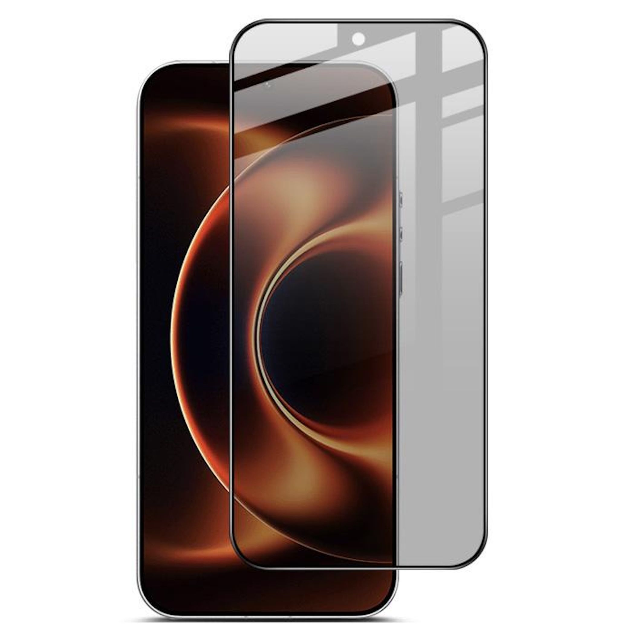 Ein Smartphone mit einem abstrakten, orangen Hintergrund und einer Displayschutzfolie.