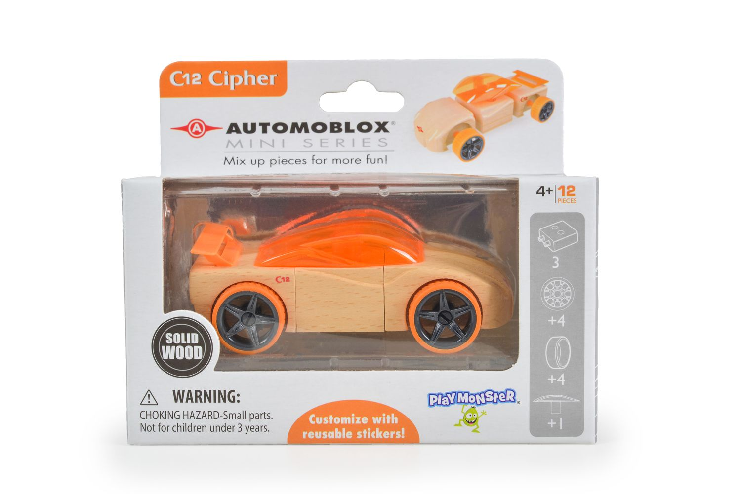 Holzauto 'C12 Cipher' von Automoblox in Verpackung mit orangefarbenen Akzenten.