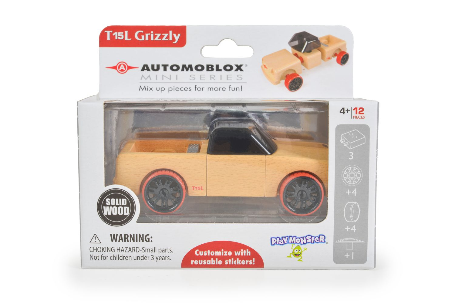 Ein Holz-Spielzeug-Pickup in der Verpackung mit Aufklebern und Teilen.