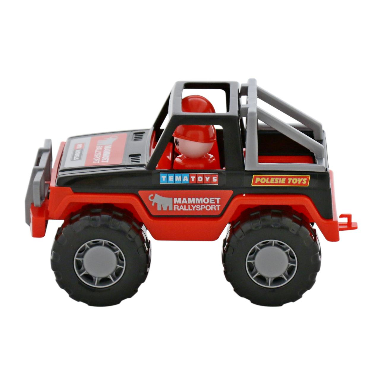 Ein rotes und schwarzes Spielzeug-Offroad-Fahrzeug mit einem Fahrer darin.