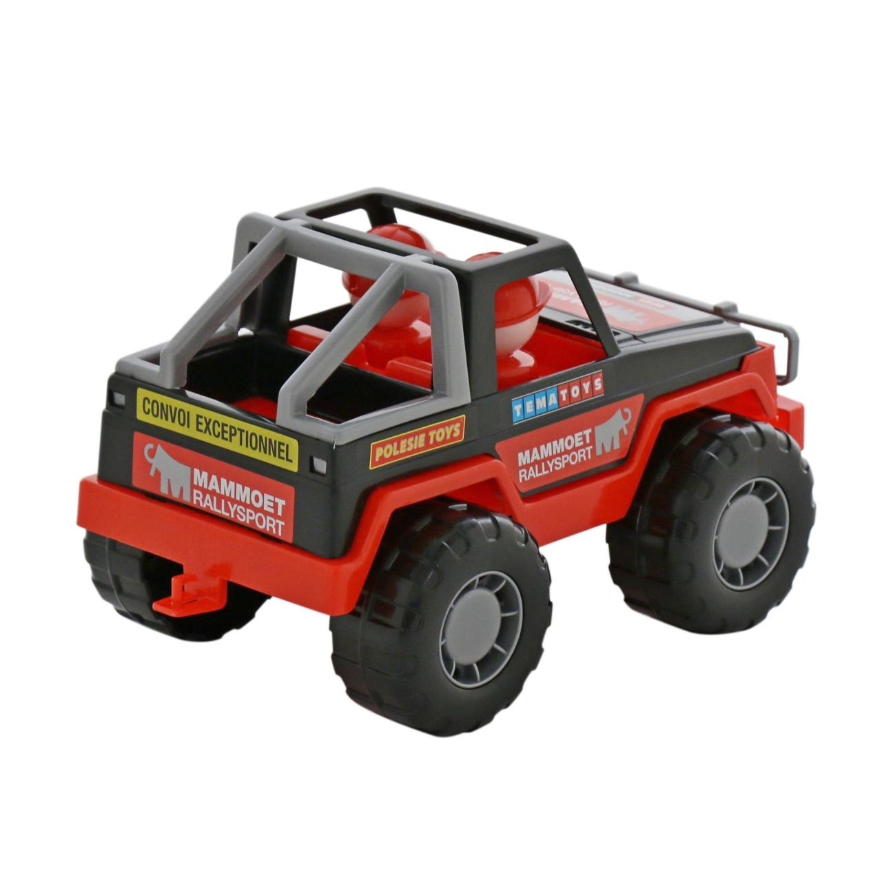 Ein roter Spielzeug-Geländewagen mit schwarzen Akzenten und großen Reifen.