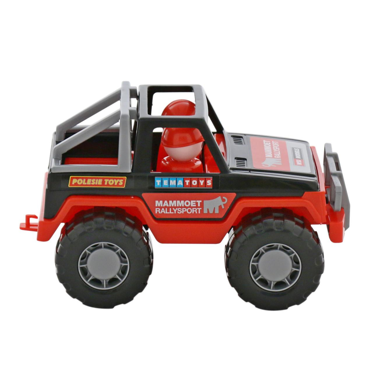 Ein roter und schwarzer Spielzeug-Geländewagen mit einem Fahrer im Inneren.