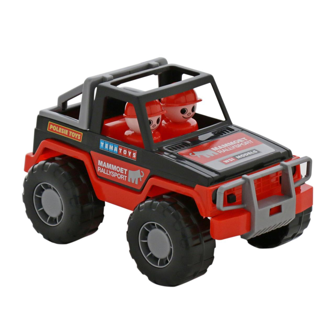 Ein rotes und schwarzes Spielzeugauto mit zwei Figuren, die rote Helme tragen.